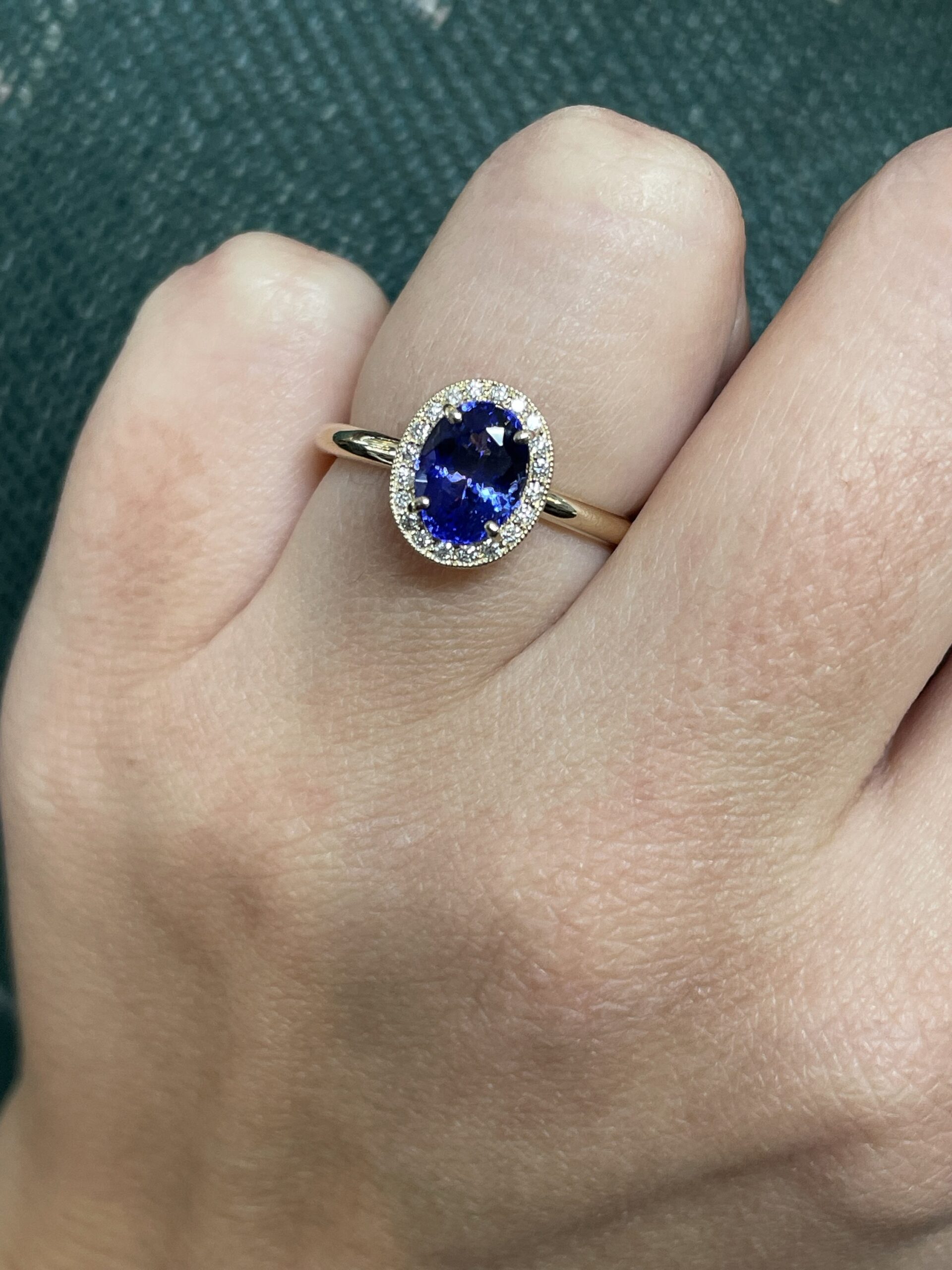 14k Yellow Gold Genuine 1.70 carat Tanzanite & .13 Cttw Round Brilliant Cut Diamond Halo Ring With Tubular Shank - Image 29