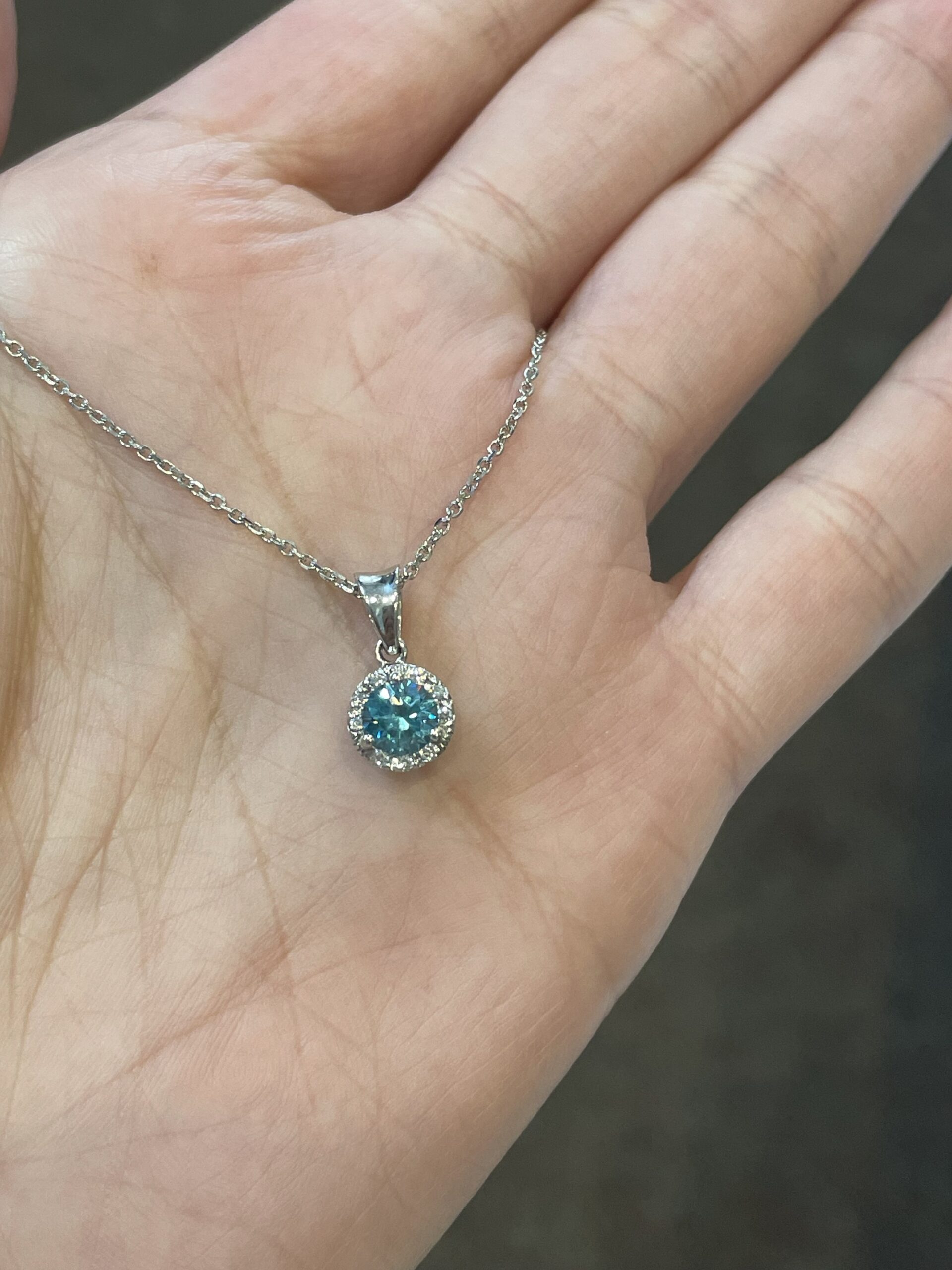 14k White Gold Genuine Blue Zircon Halo Pendant - Image 11