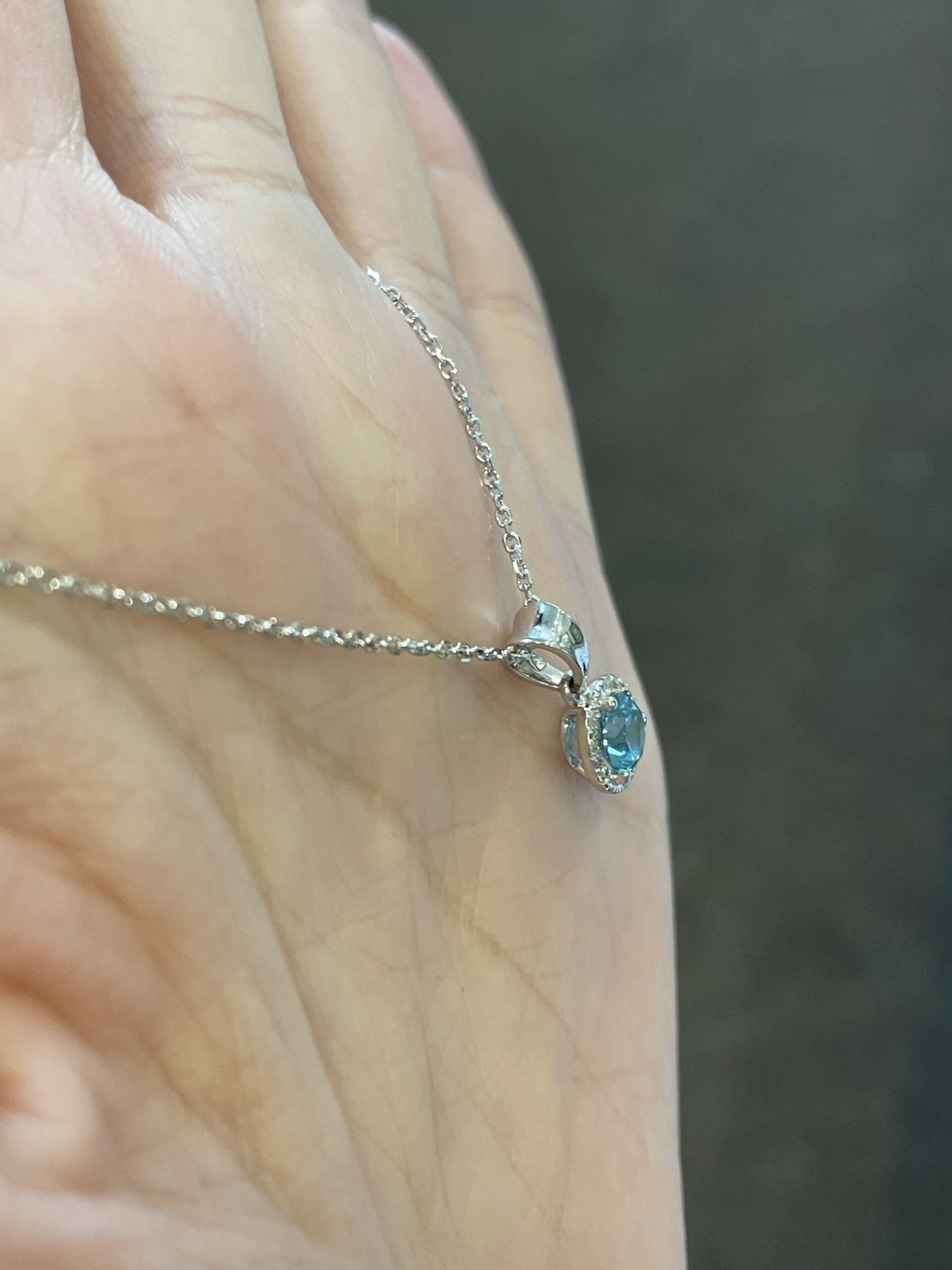 14k White Gold Genuine Blue Zircon Halo Pendant - Image 6