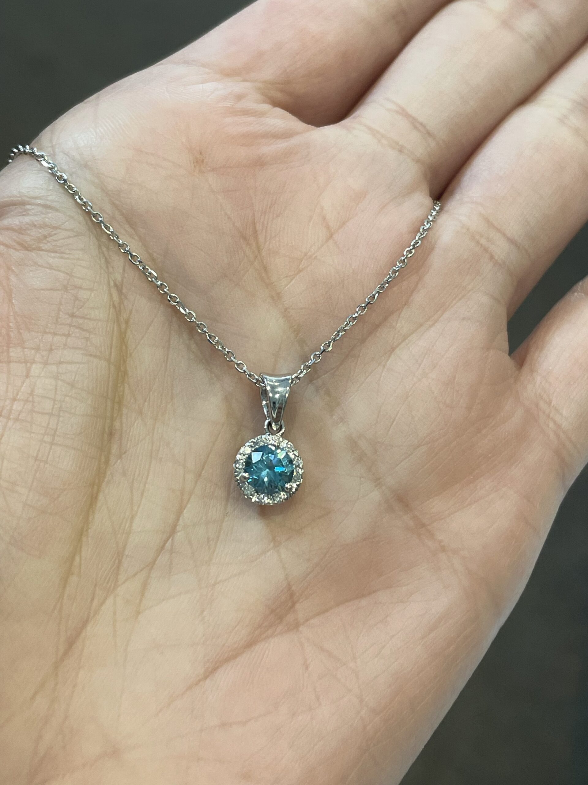 14k White Gold Genuine Blue Zircon Halo Pendant - Image 4