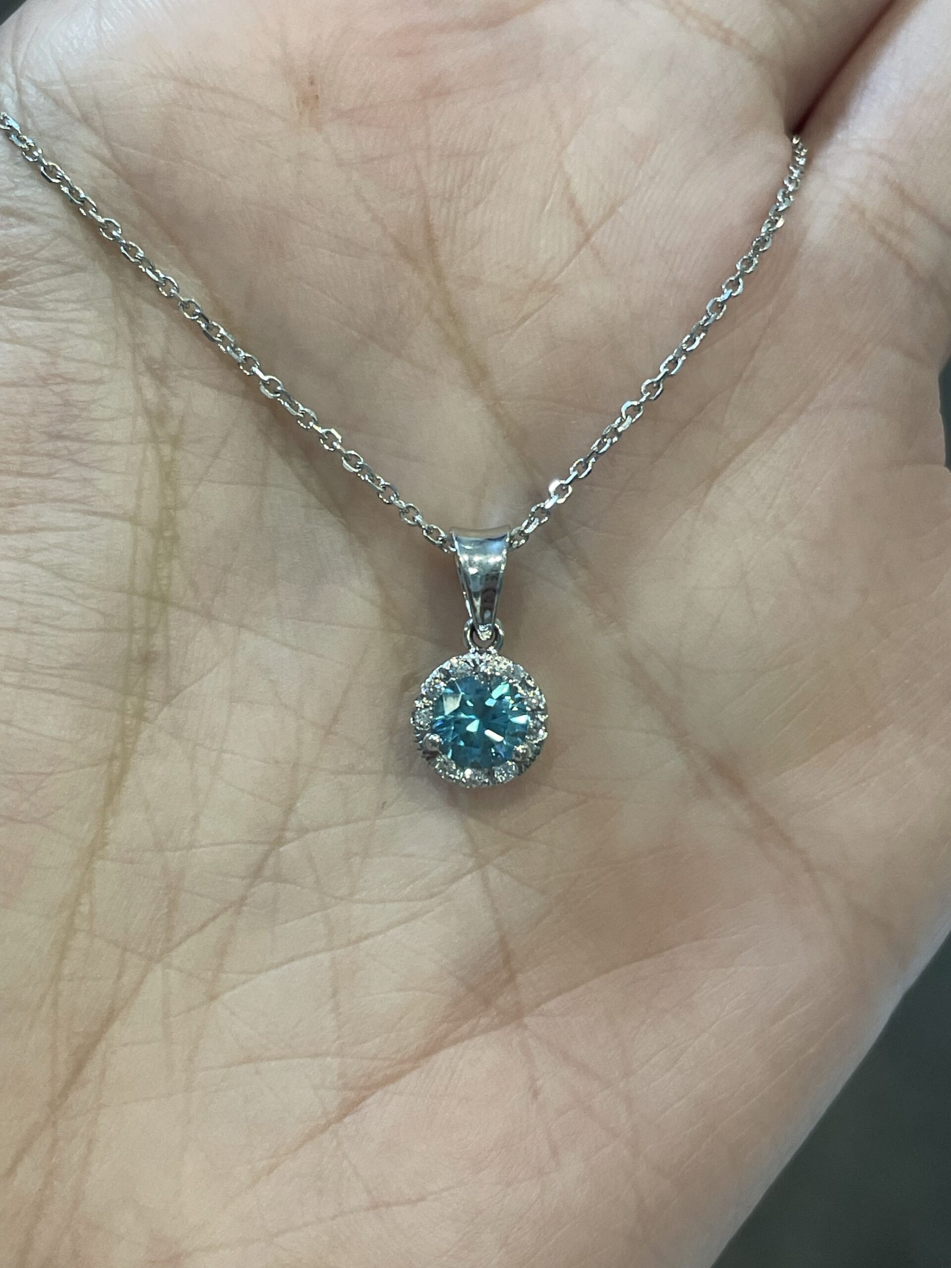 14k White Gold Genuine Blue Zircon Halo Pendant - Image 2