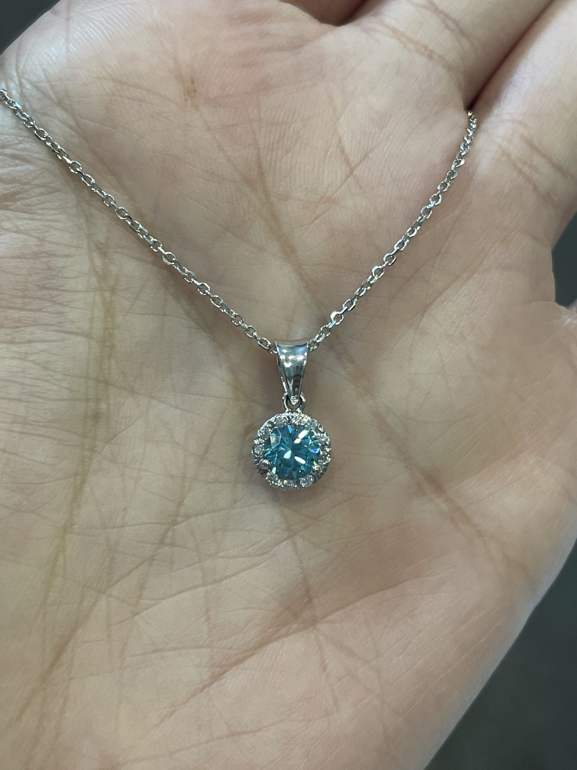 14k White Gold Genuine Blue Zircon Halo Pendant