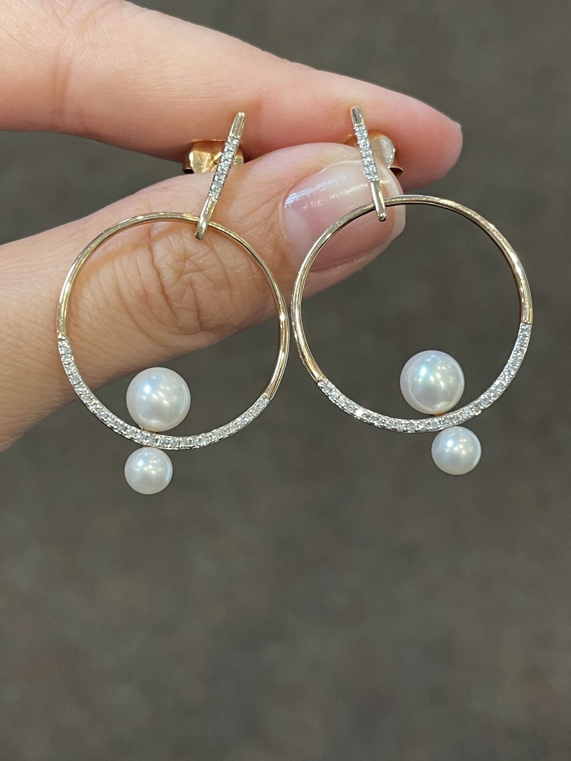 14k Rose Gold Open Circle Dangle Pearl & Diamond Stud Earrings - Image 6