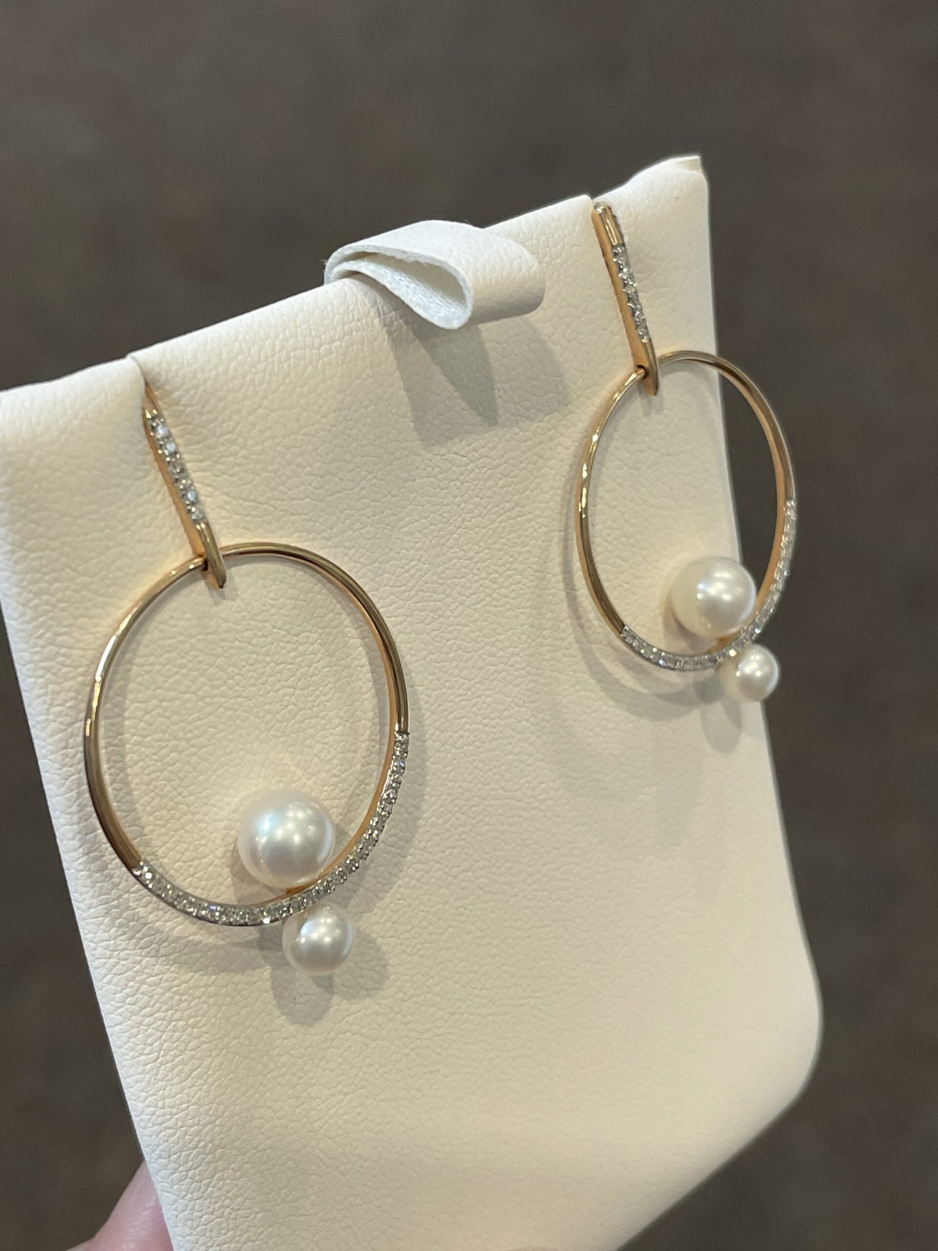 14k Rose Gold Open Circle Dangle Pearl & Diamond Stud Earrings - Image 7