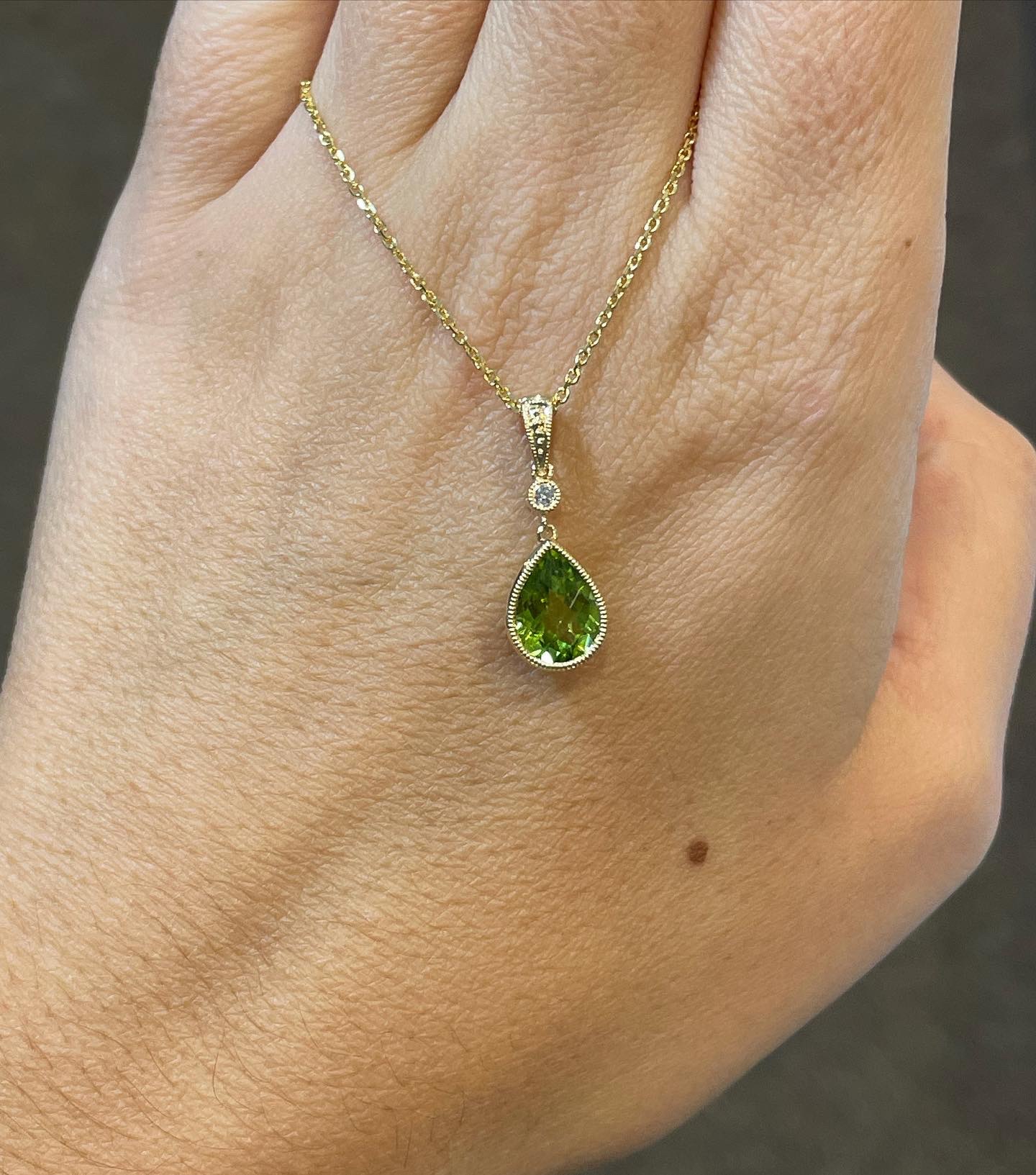 14k Yellow Gold Genuine Pear Shape, Bezel Set 1.75 Cttw Peridot & Diamond Pendant - Image 6