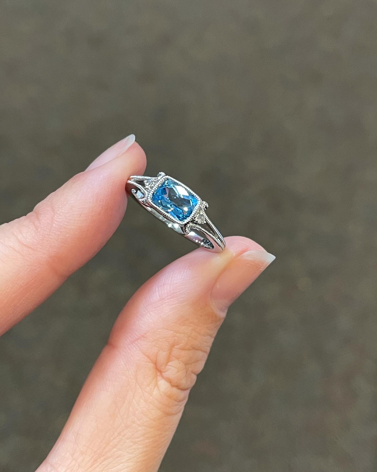 14k White Gold Genuine 1.14 Cttw Bezel Set Blue Topaz & Diamond Ring