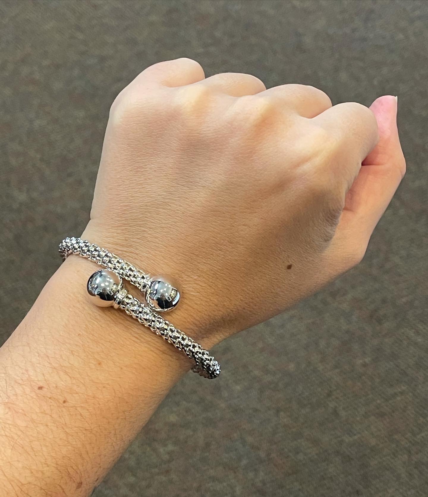 18k White Gold Flexible Cuff Ball Bracelet - Image 3