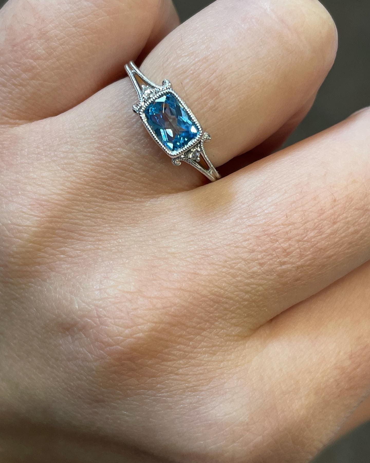 14k White Gold Genuine 1.14 Cttw Bezel Set Blue Topaz & Diamond Ring - Image 9