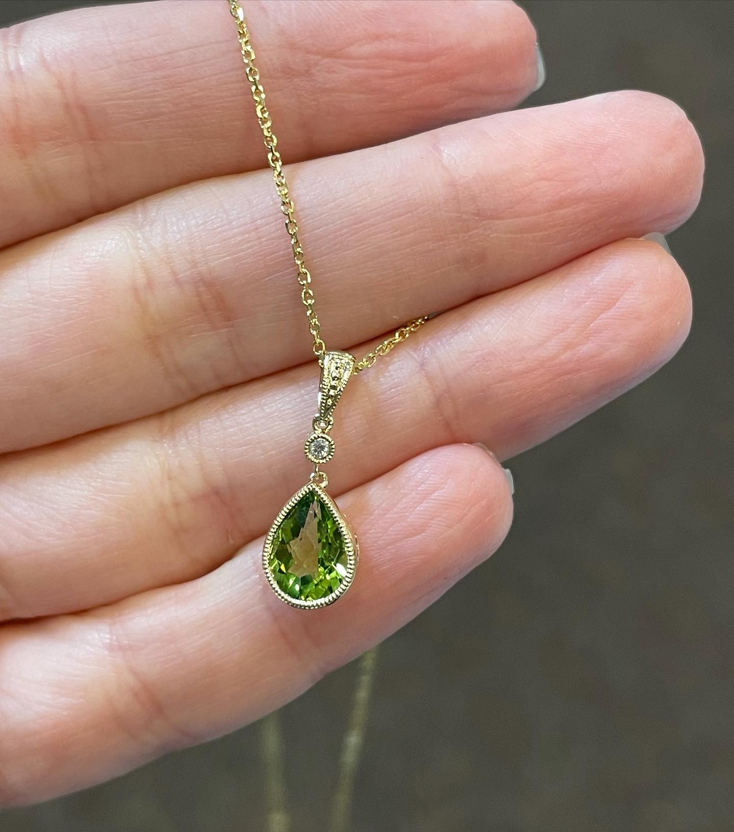 14k Yellow Gold Genuine Pear Shape, Bezel Set 1.75 Cttw Peridot & Diamond Pendant - Image 8
