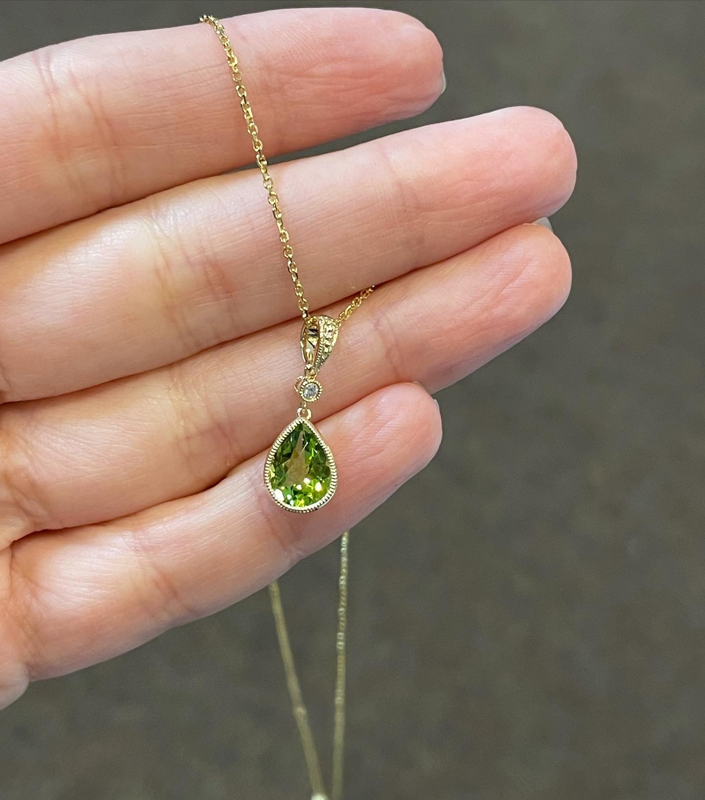 14k Yellow Gold Genuine Pear Shape, Bezel Set 1.75 Cttw Peridot & Diamond Pendant - Image 7