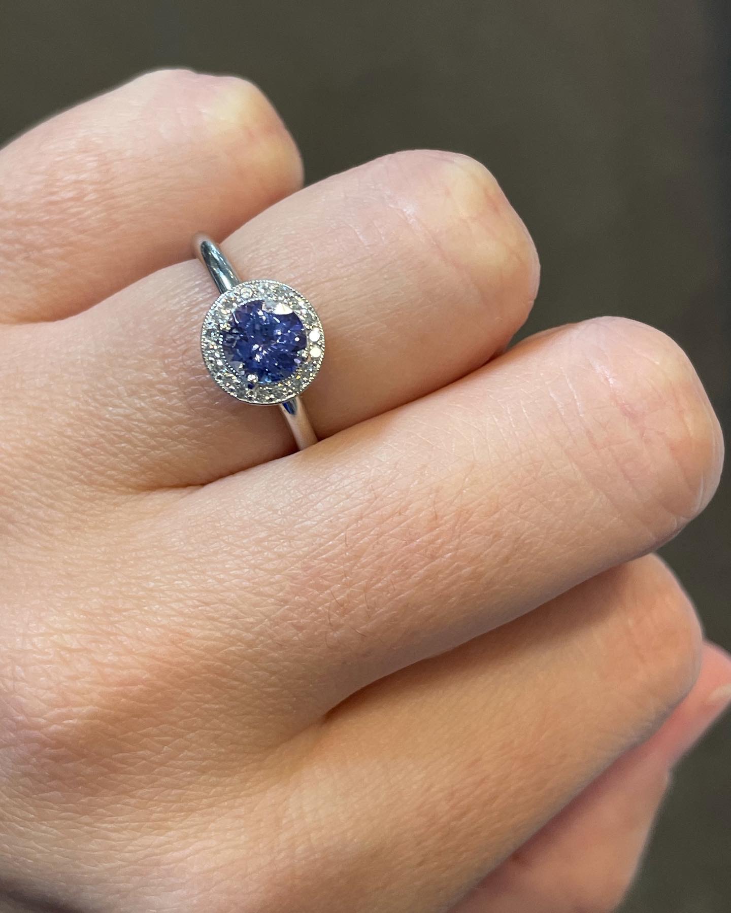 14k White Gold Genuine Tanzanite & Diamond Halo Ring - Image 8