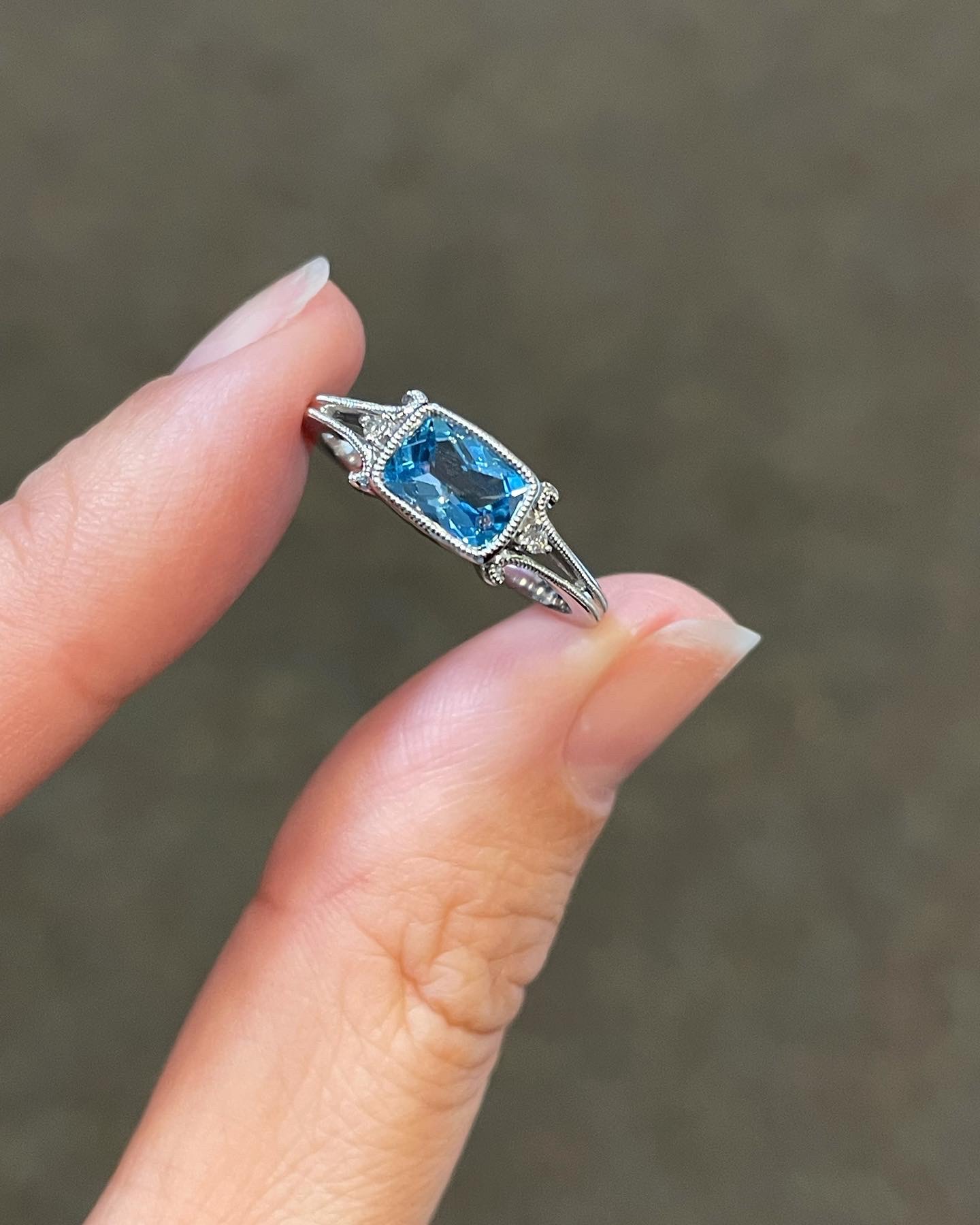 14k White Gold Genuine 1.14 Cttw Bezel Set Blue Topaz & Diamond Ring - Image 2