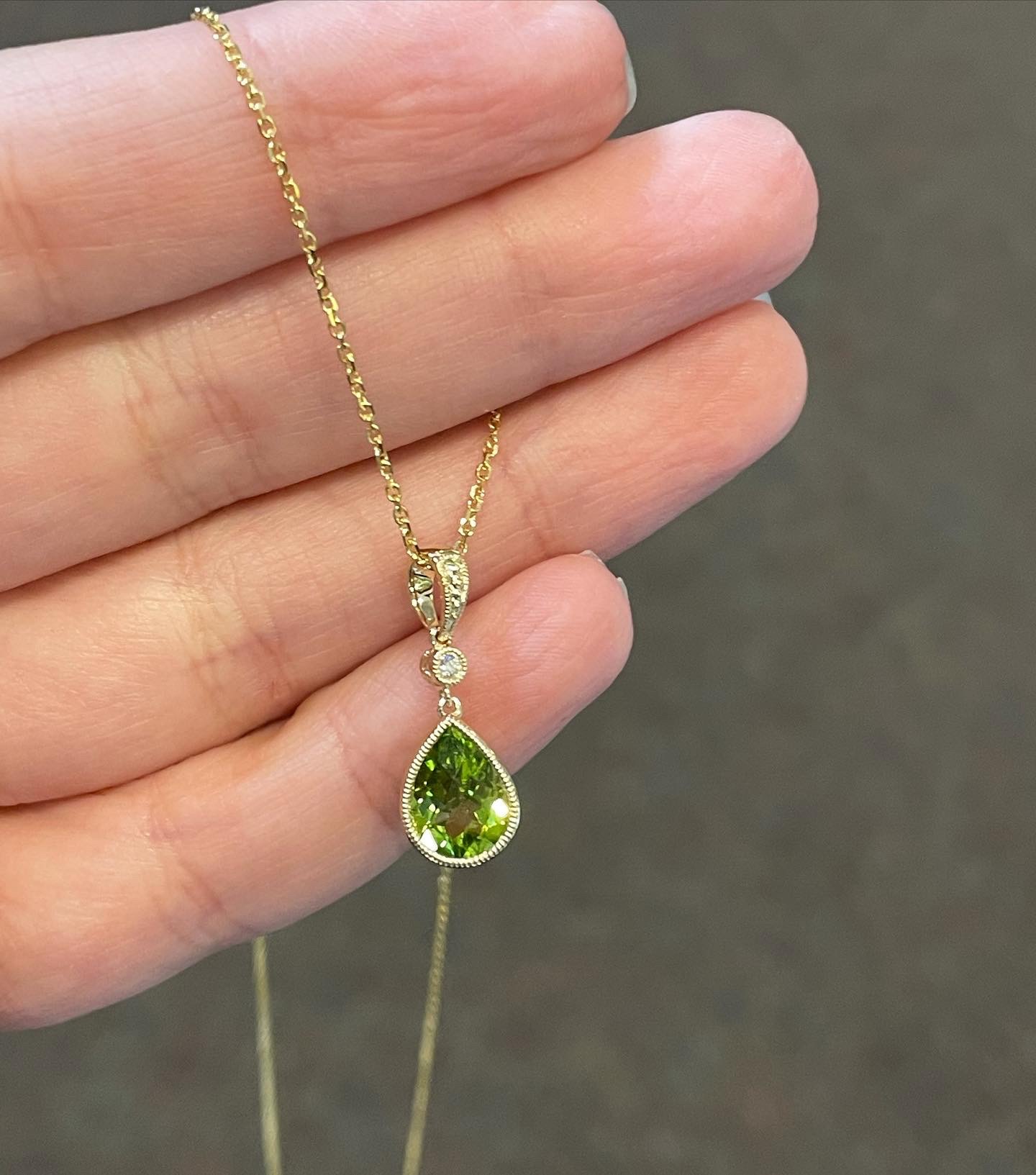 14k Yellow Gold Genuine Pear Shape, Bezel Set 1.75 Cttw Peridot & Diamond Pendant