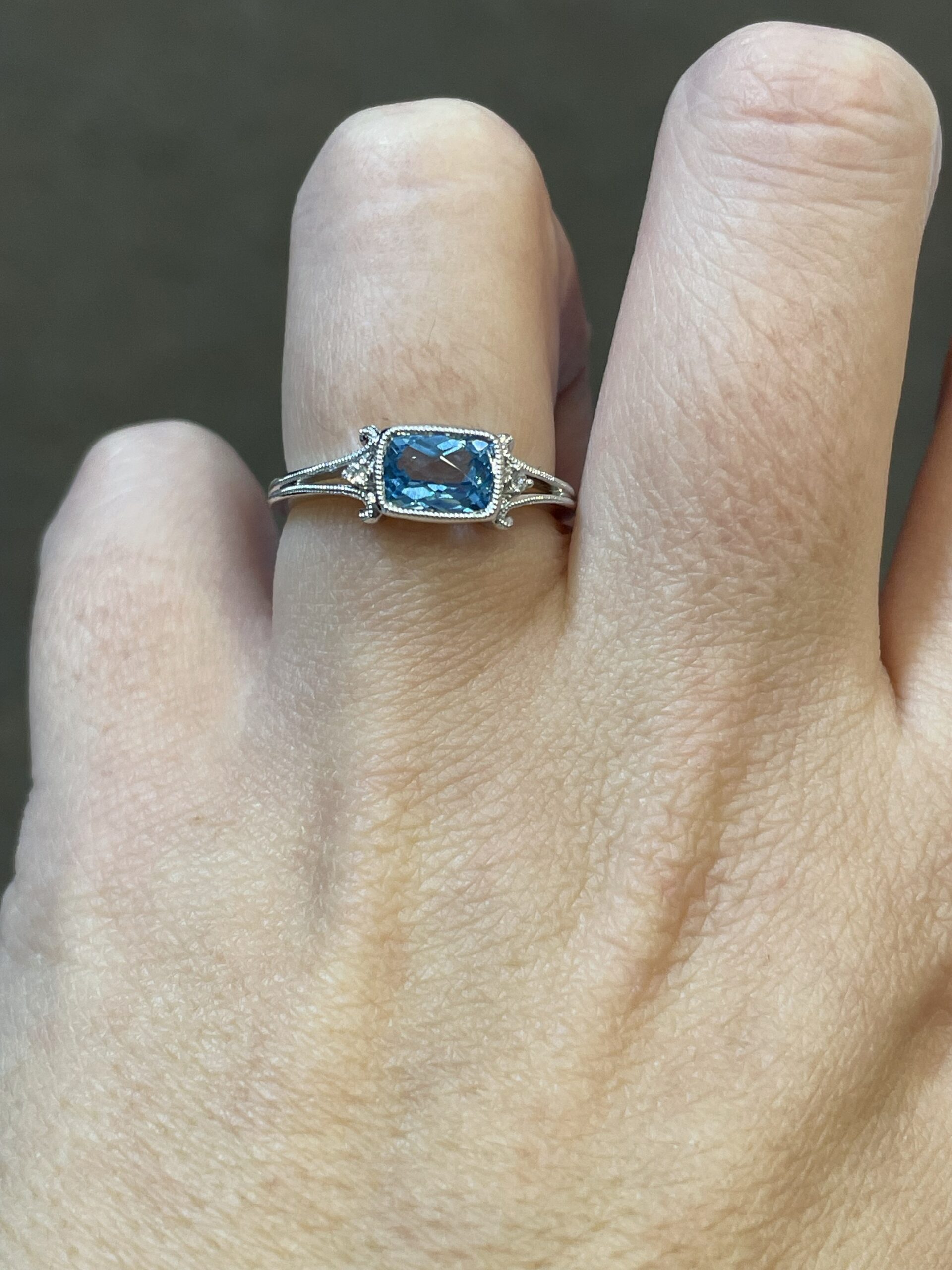 14k White Gold Genuine 1.14 Cttw Bezel Set Blue Topaz & Diamond Ring - Image 5