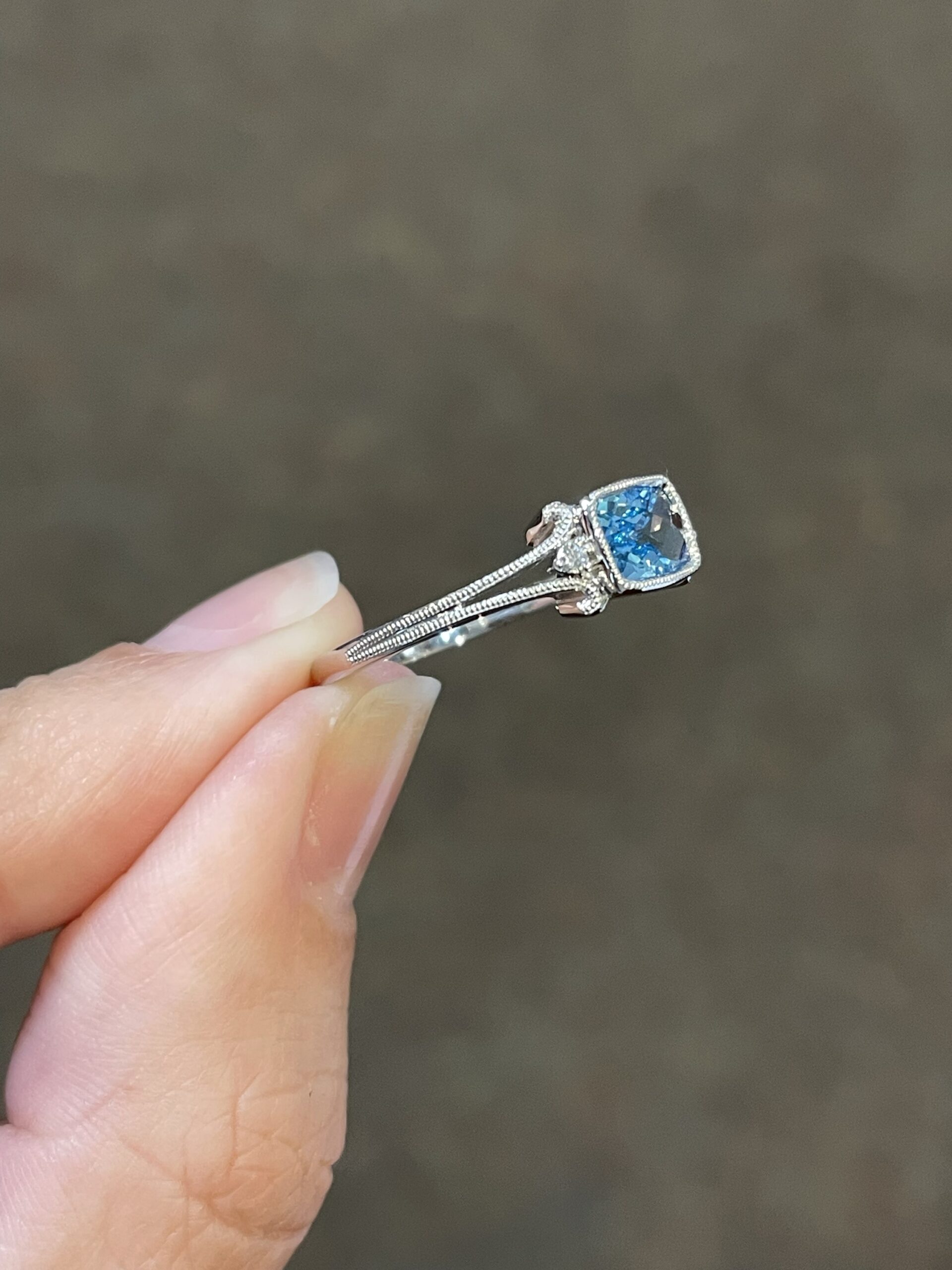 14k White Gold Genuine 1.14 Cttw Bezel Set Blue Topaz & Diamond Ring - Image 3