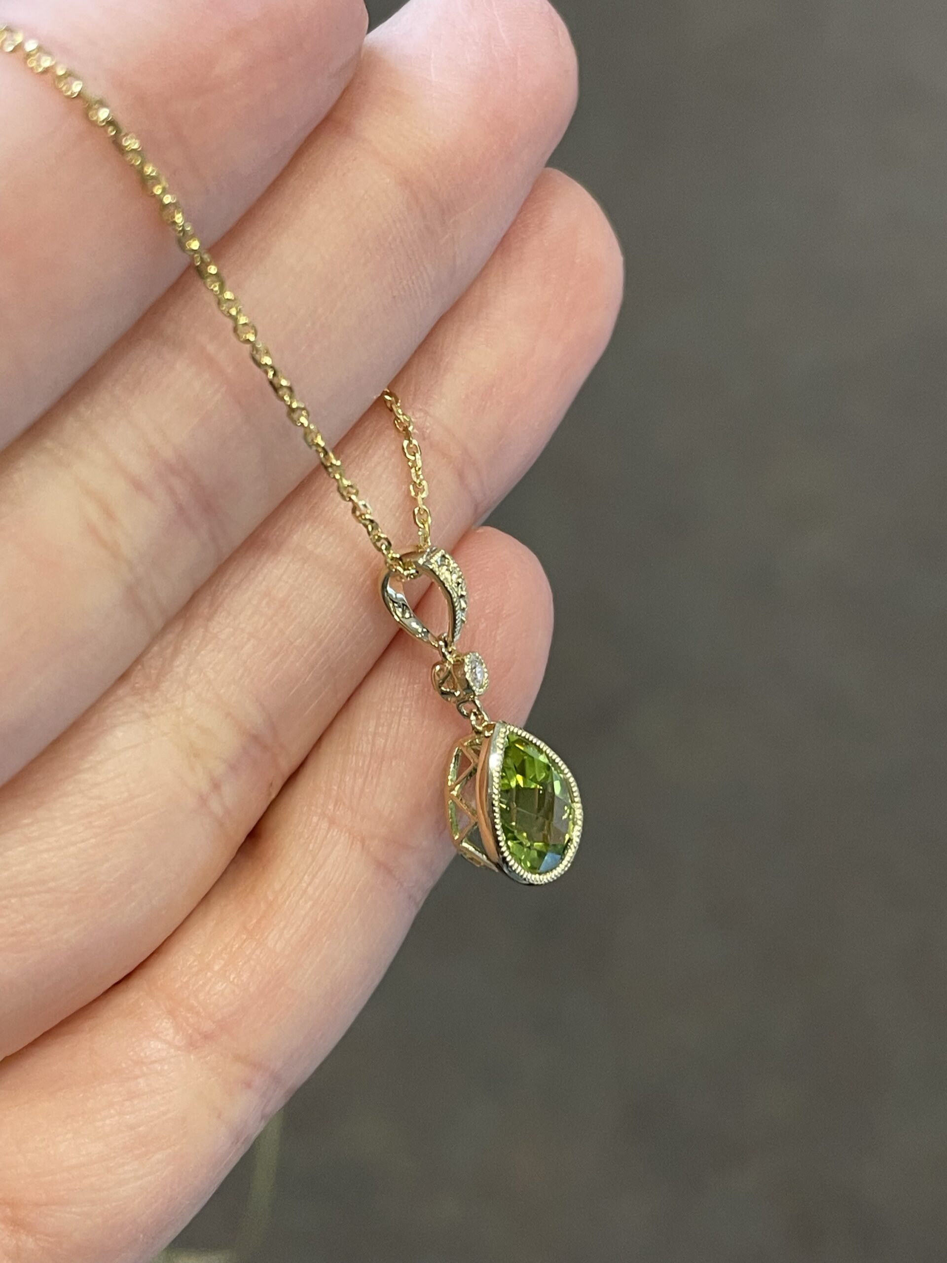14k Yellow Gold Genuine Pear Shape, Bezel Set 1.75 Cttw Peridot & Diamond Pendant - Image 2