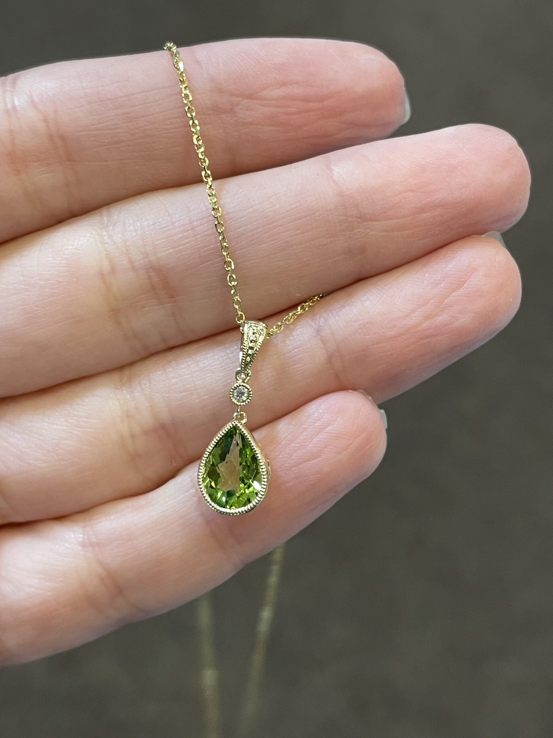 14k Yellow Gold Genuine Pear Shape, Bezel Set 1.75 Cttw Peridot & Diamond Pendant - Image 3