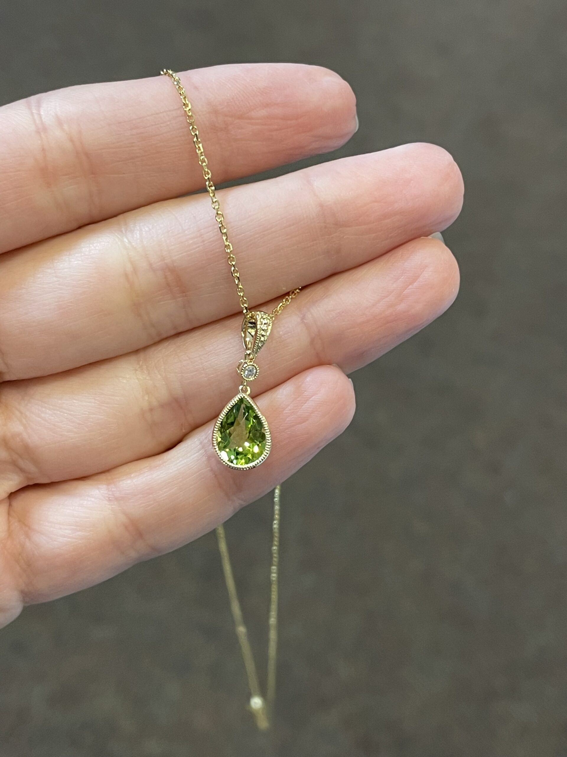 14k Yellow Gold Genuine Pear Shape, Bezel Set 1.75 Cttw Peridot & Diamond Pendant - Image 5