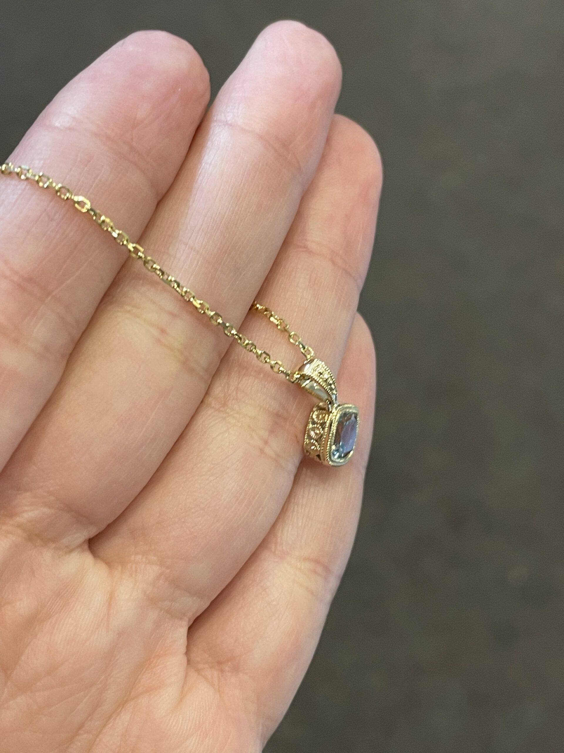 14k Yellow Gold Cushion Shaped .93 Cttw Bezel Set Genuine Aquamarine Pendant - Image 8