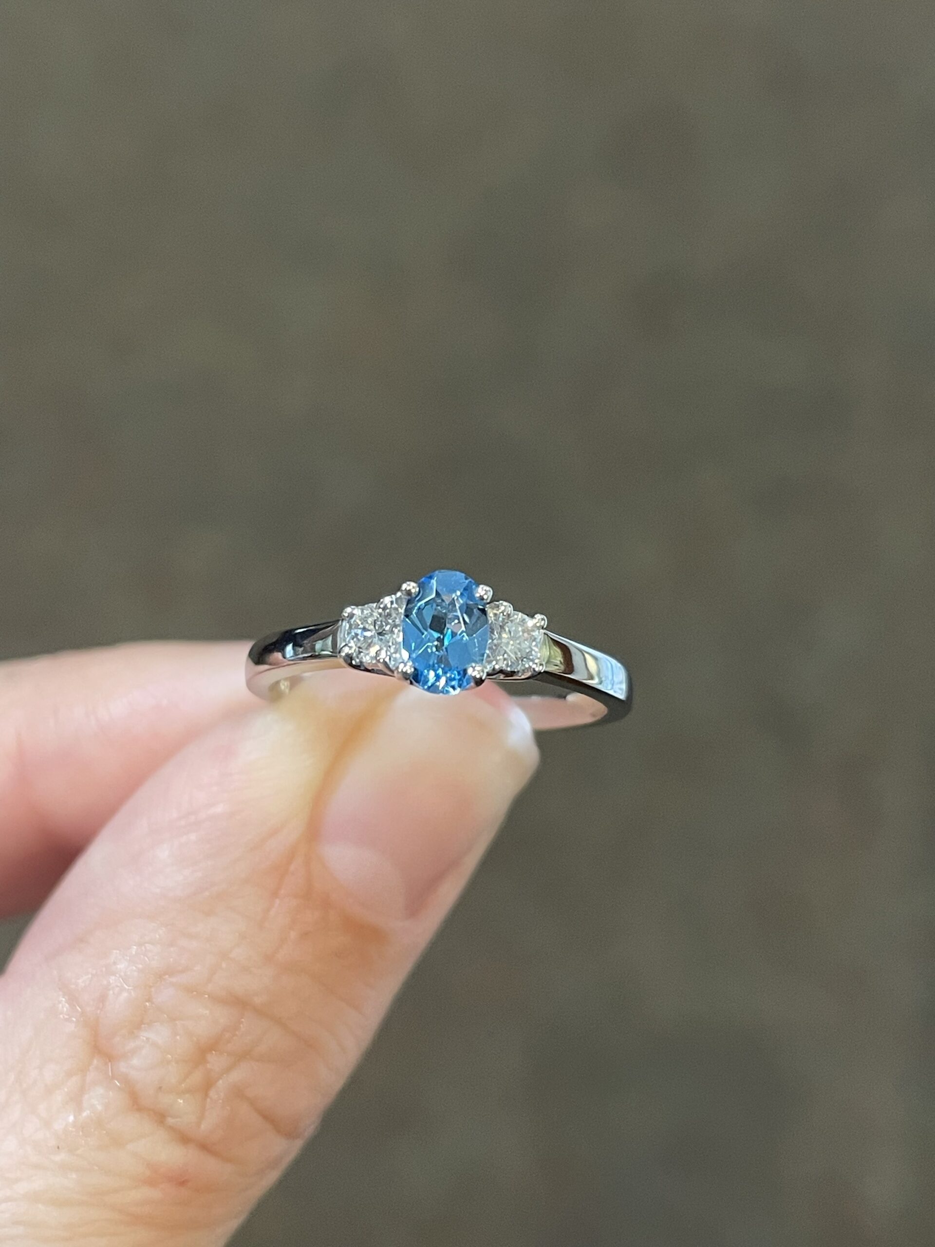 14k White Gold Genuine .44 Cttw Swiss Blue Topaz & Diamond 3 Stone Ring - Image 3