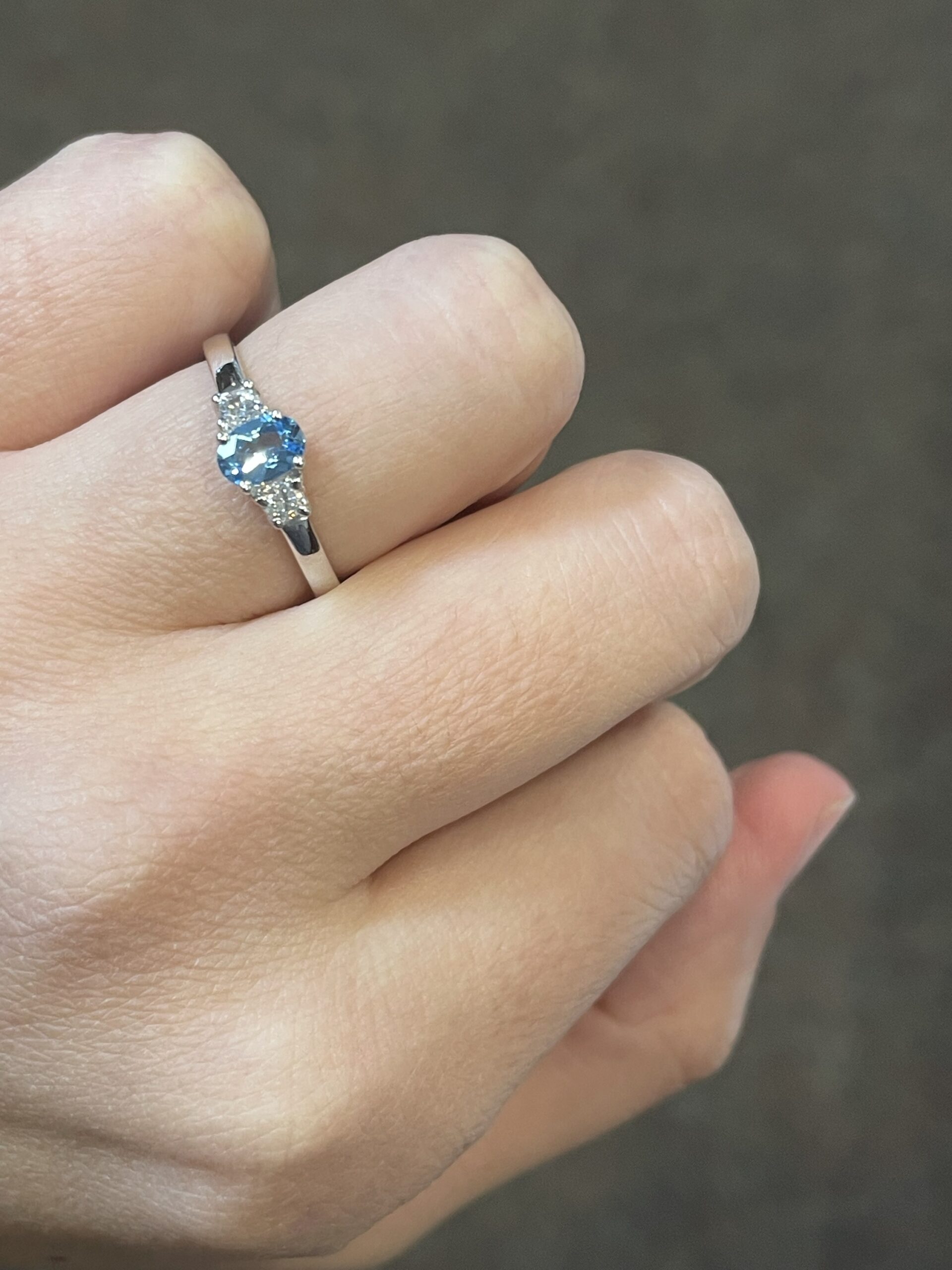 14k White Gold Genuine .44 Cttw Swiss Blue Topaz & Diamond 3 Stone Ring - Image 4