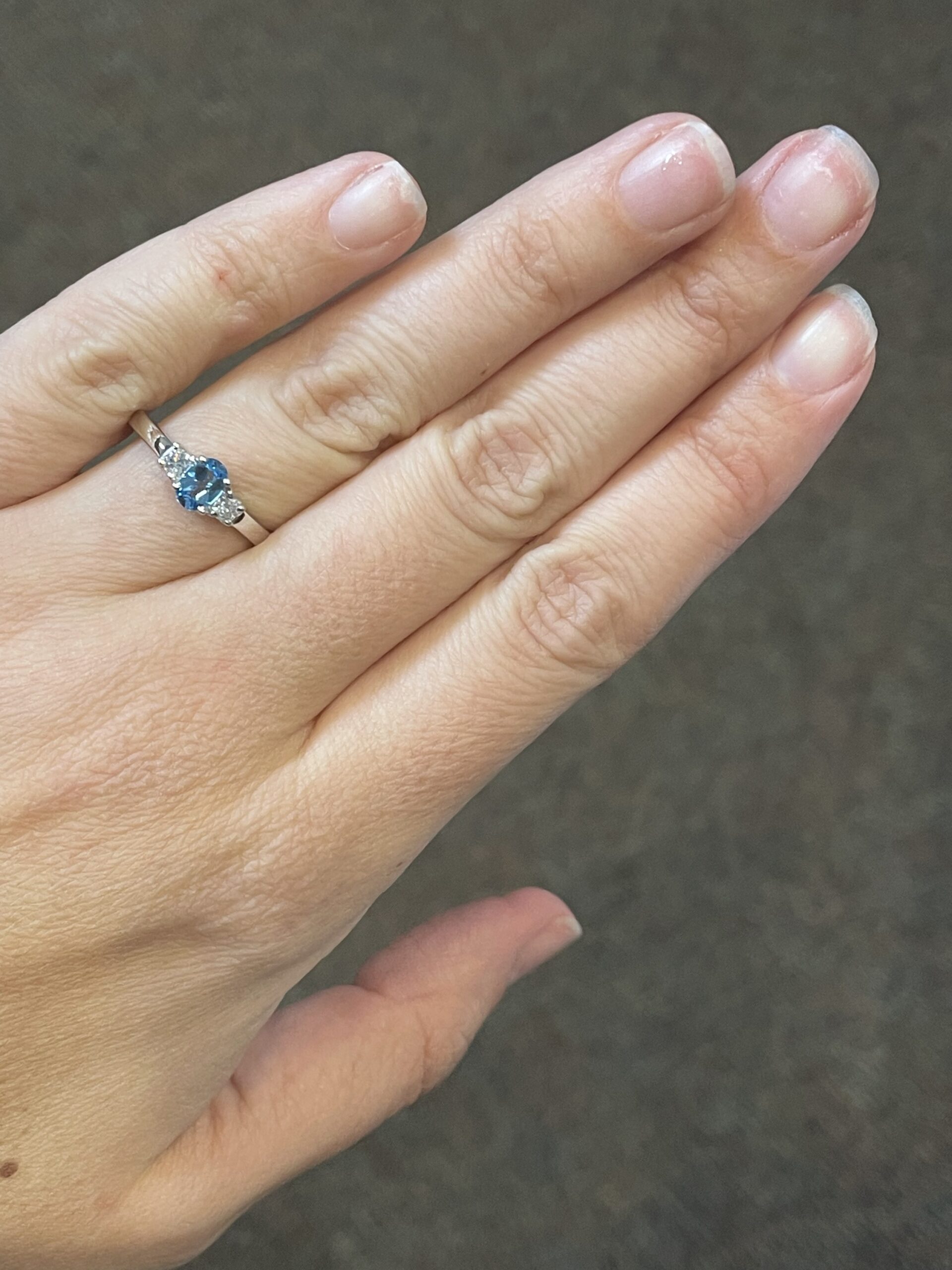 14k White Gold Genuine .44 Cttw Swiss Blue Topaz & Diamond 3 Stone Ring - Image 7