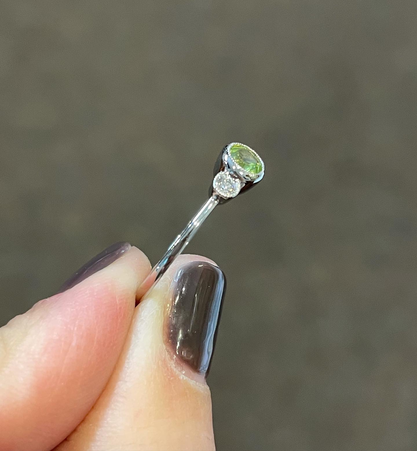 14k White Gold Genuine Peridot & Diamond Delicate Bezel Ring - Image 3