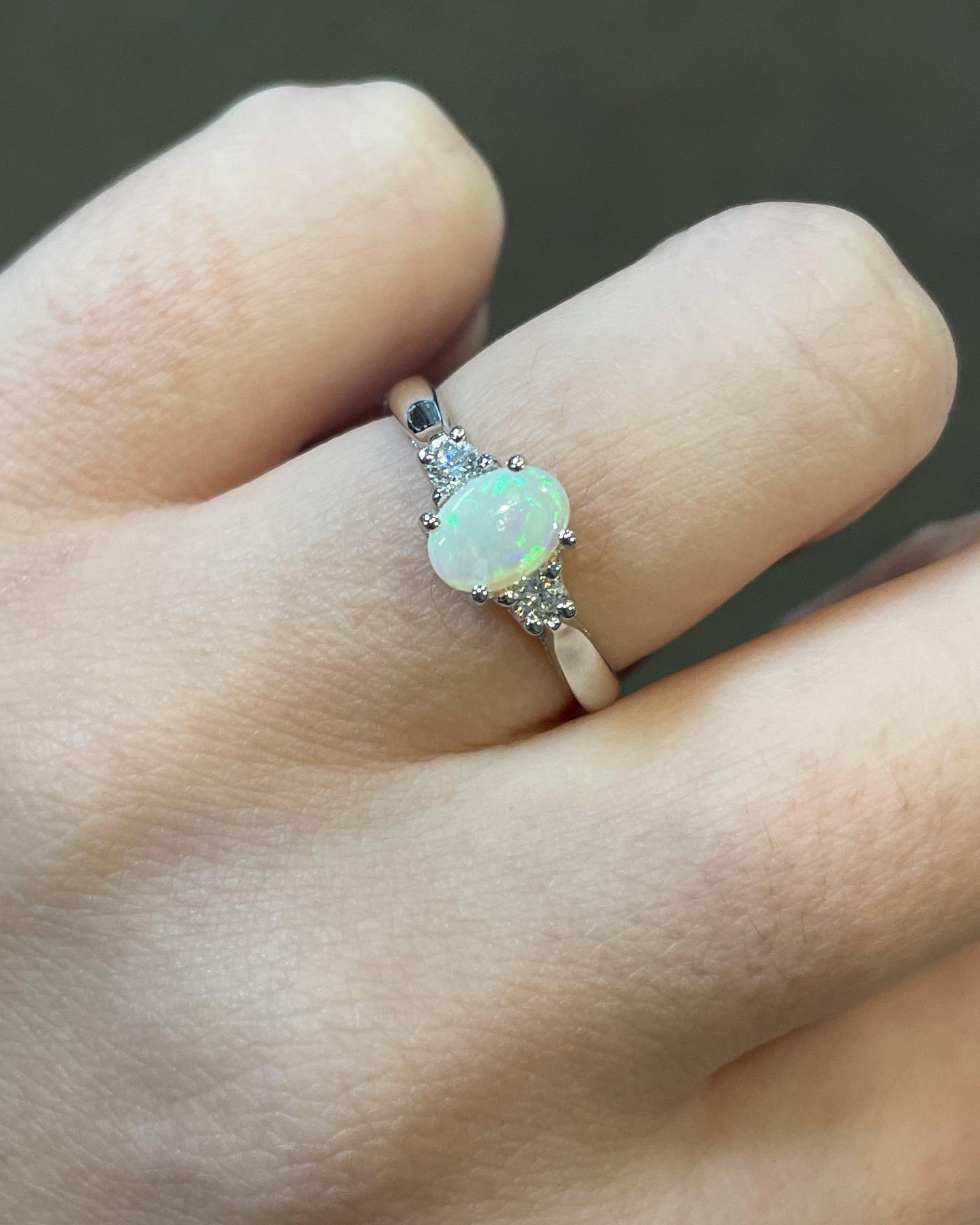 14k White Gold Genuine .49 Cttw Opal & Diamond 3 Stone Ring - Image 10