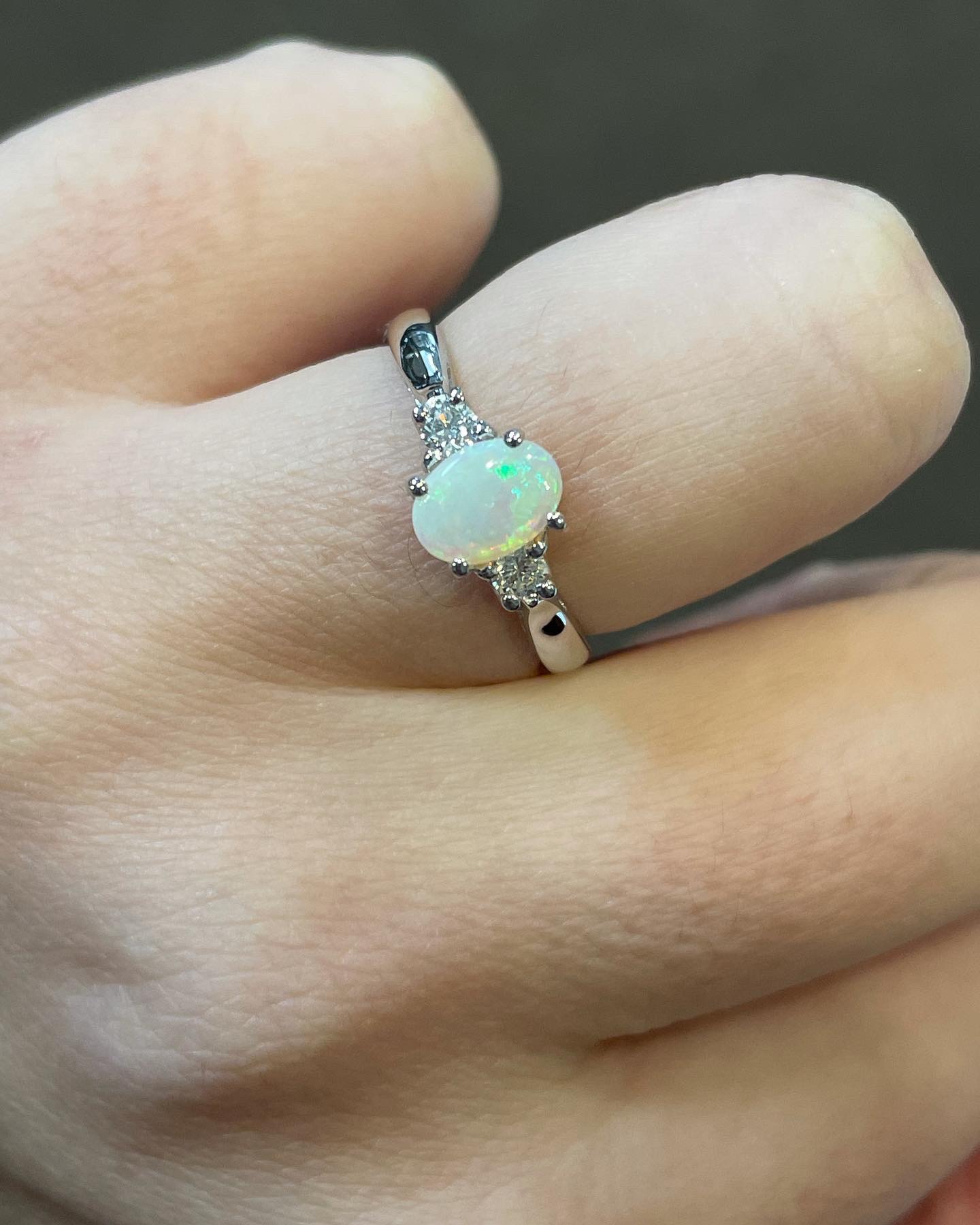 14k White Gold Genuine .49 Cttw Opal & Diamond 3 Stone Ring - Image 9