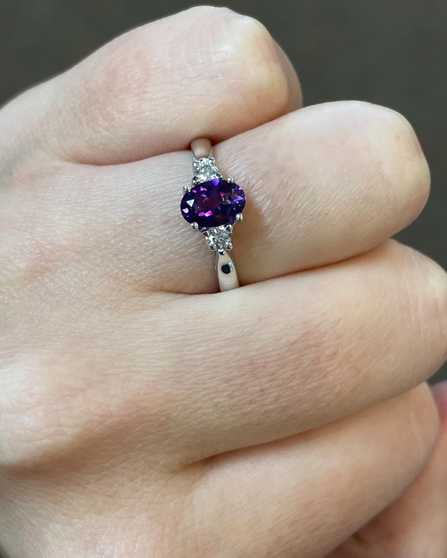 14k White Gold Genuine .70 Cttw Amethyst & Diamond 3 Stone Ring - Image 8