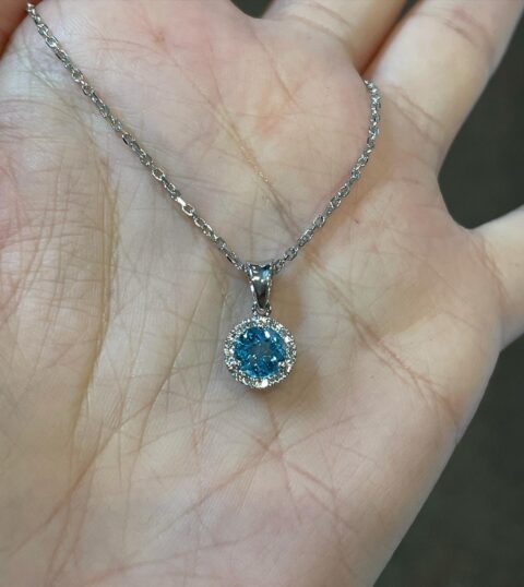 14k White Gold Genuine 1 Carat Swiss Blue Topaz & Diamond Halo Pendant