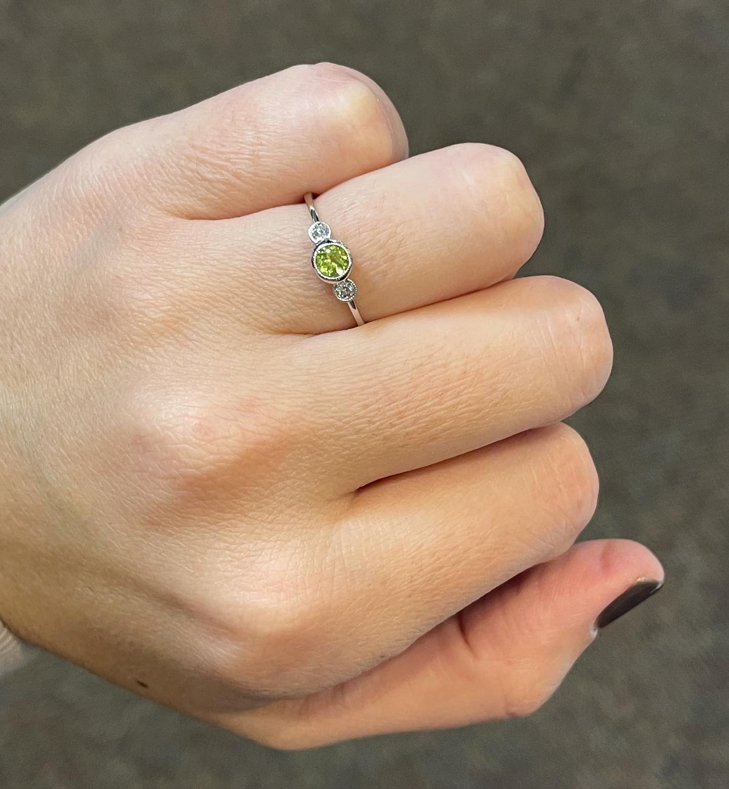 14k White Gold Genuine Peridot & Diamond Delicate Bezel Ring - Image 6