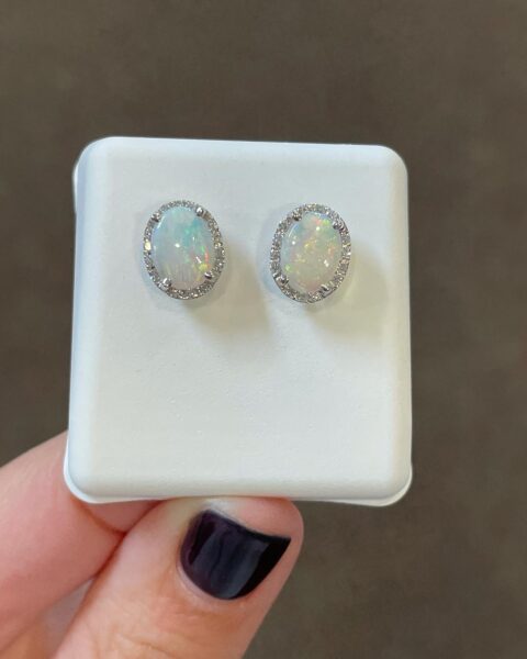 14k White Gold Genuine 1.20 Cttw Opal & Diamond Halo Stud Earrings