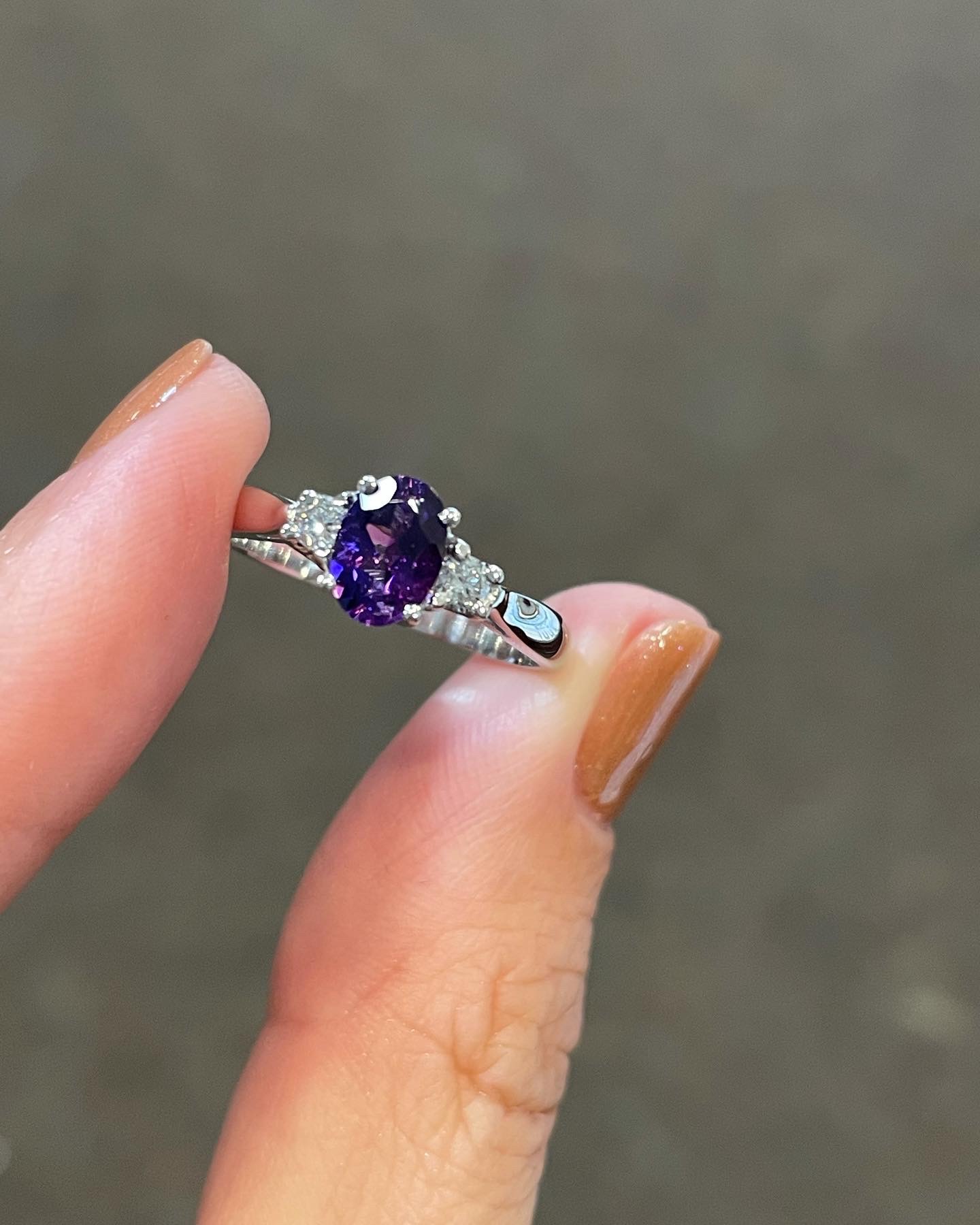 14k White Gold Genuine .70 Cttw Amethyst & Diamond 3 Stone Ring