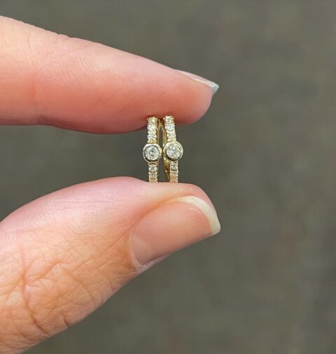 14k Yellow Gold Genuine Bezel Set Round Brilliant Cut Diamond Huggie Earrings