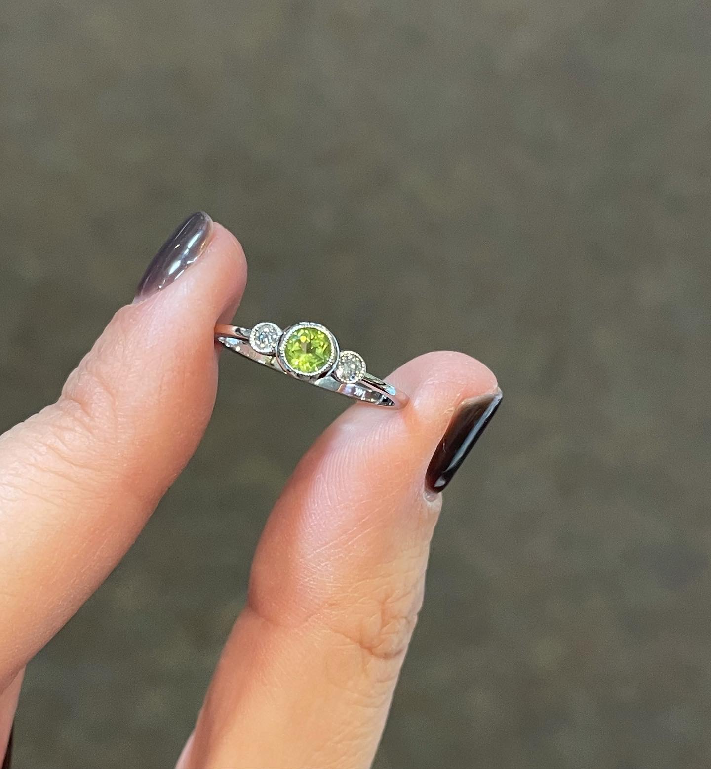 14k White Gold Genuine Peridot & Diamond Delicate Bezel Ring