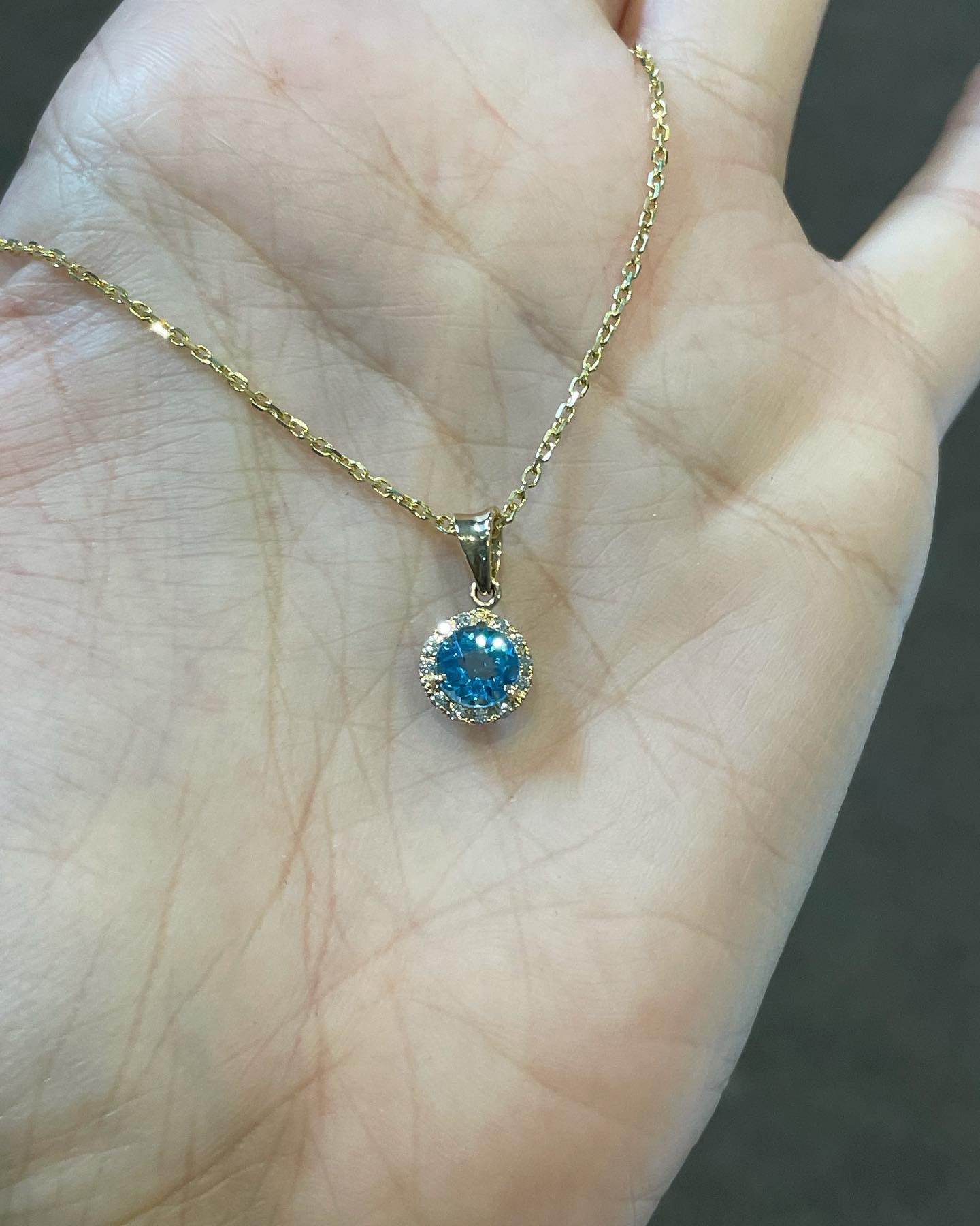 14k Yellow Gold Genuine 1 Cttw Swiss Blue Topaz & Diamond Halo Pendant - Image 6