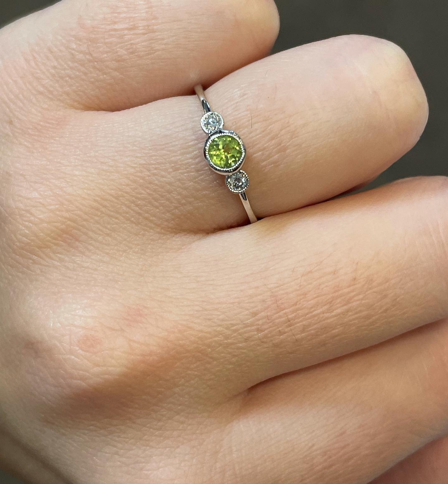14k White Gold Genuine Peridot & Diamond Delicate Bezel Ring - Image 5