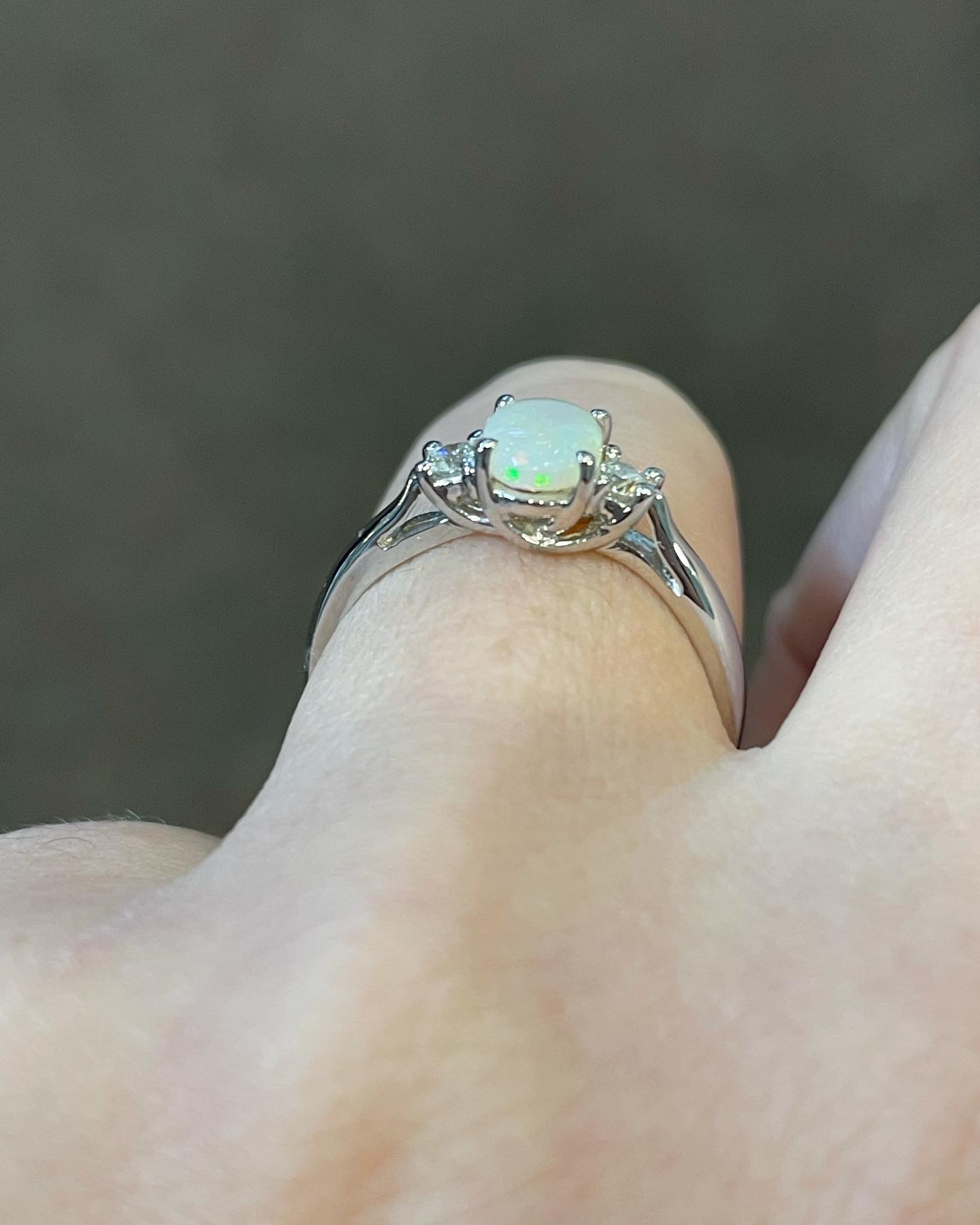 14k White Gold Genuine .49 Cttw Opal & Diamond 3 Stone Ring - Image 12