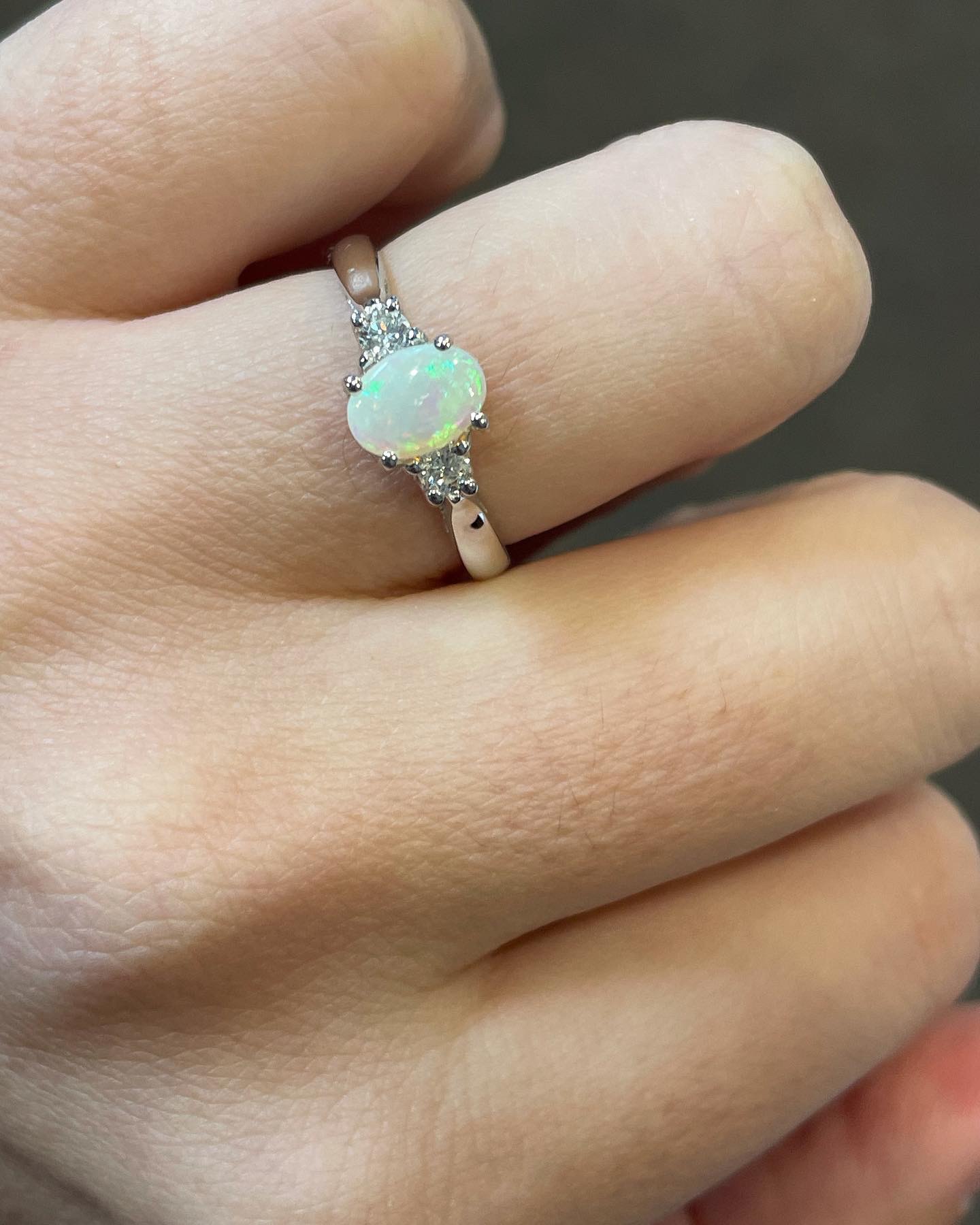 14k White Gold Genuine .49 Cttw Opal & Diamond 3 Stone Ring - Image 8