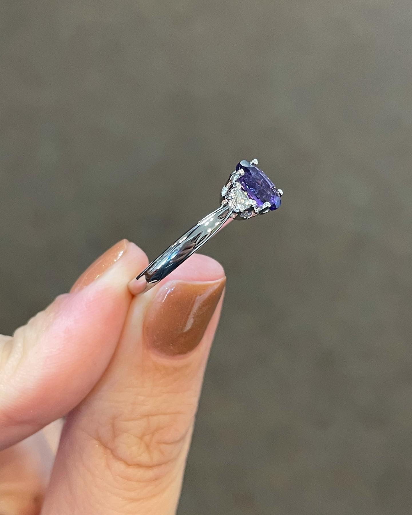 14k White Gold Genuine .70 Cttw Amethyst & Diamond 3 Stone Ring - Image 3