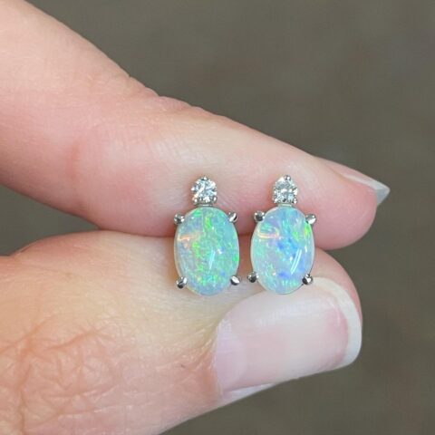 14k White Gold Genuine 1.20 Cttw Opal & Diamond Stud Earrings