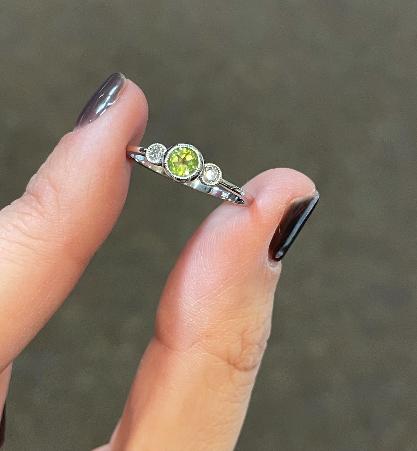 14k White Gold Genuine Peridot & Diamond Delicate Bezel Ring - Image 2