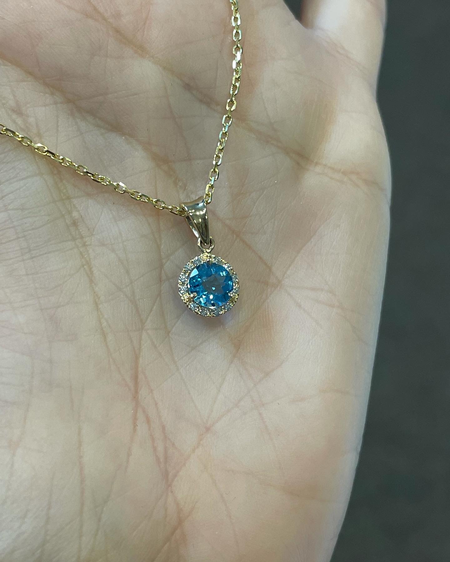 14k Yellow Gold Genuine 1 Cttw Swiss Blue Topaz & Diamond Halo Pendant - Image 9