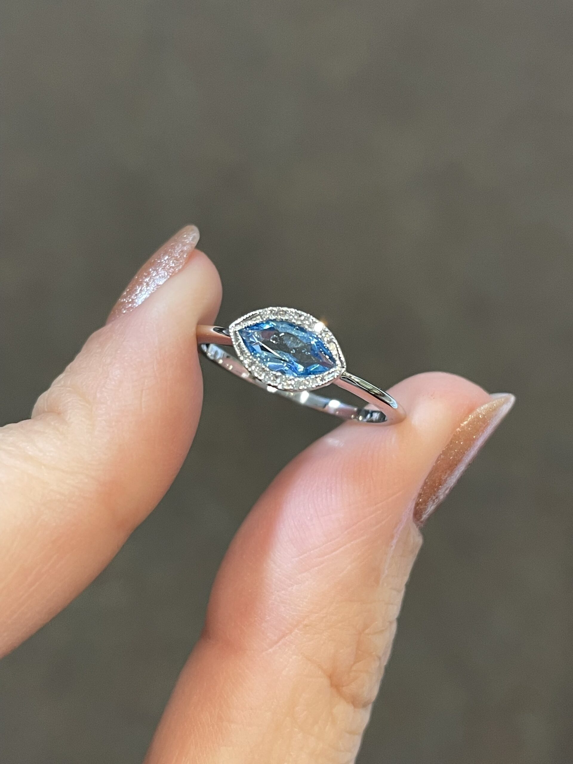 14k White Gold Genuine .55 Cttw Blue Topaz & Diamond Bezel Set Ring - Image 2