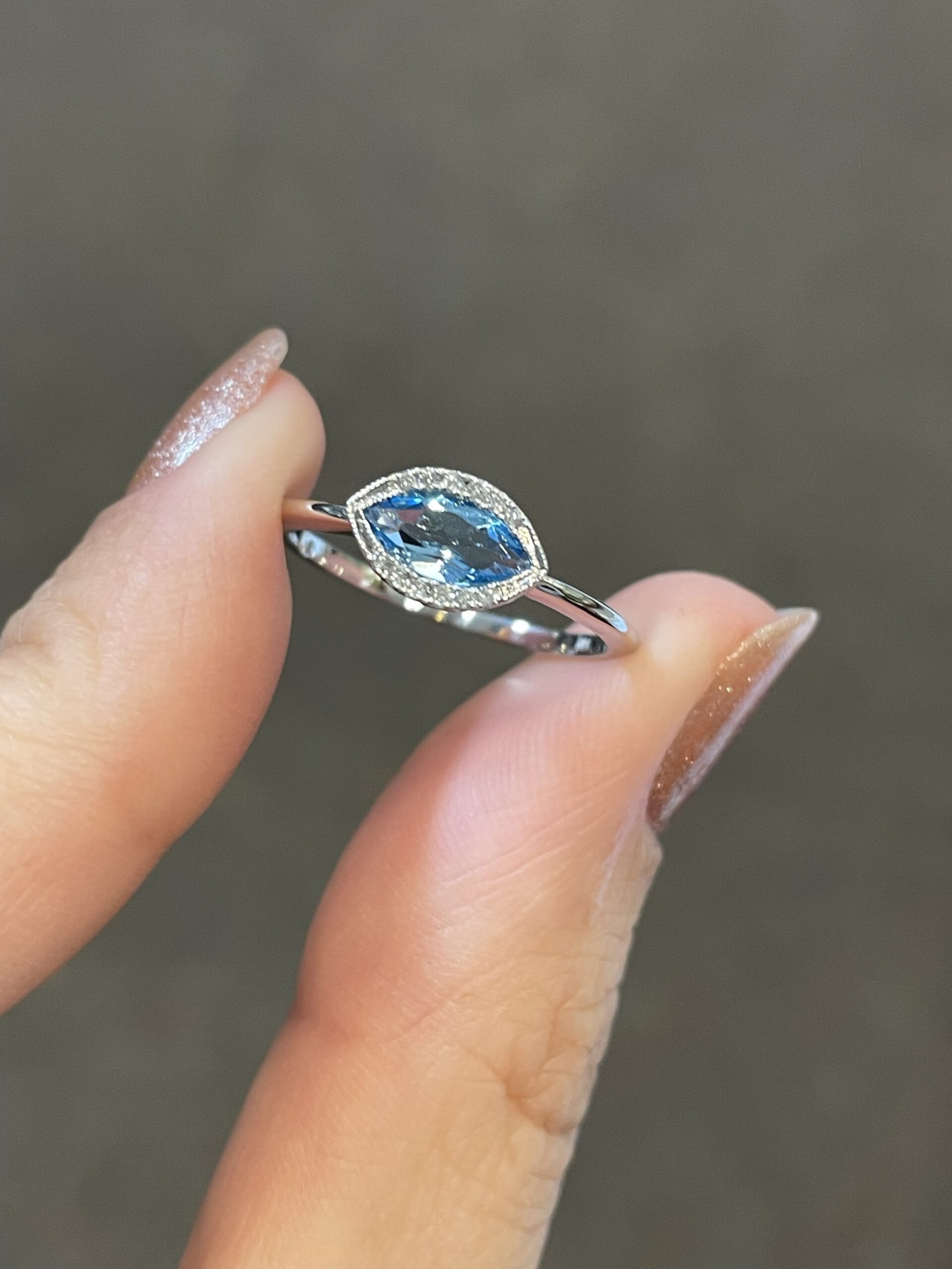 14k White Gold Genuine .55 Cttw Blue Topaz & Diamond Bezel Set Ring