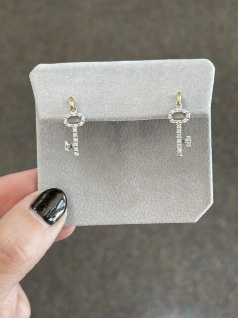 18k White & 18k Yellow Gold CZ Skeleton Key Dangle Stud Earrings From Italy