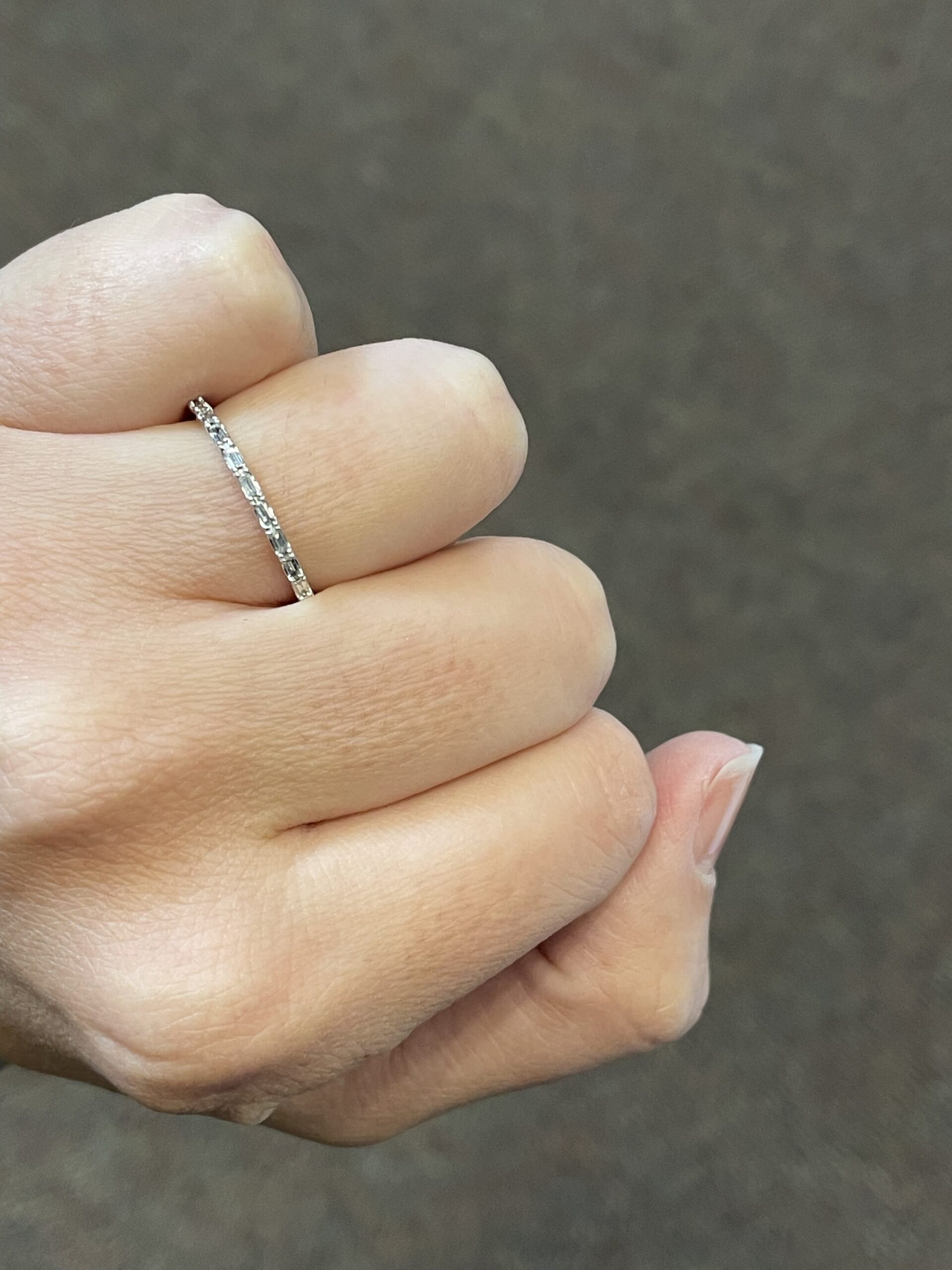 14k White Gold Delicate Diamond Baguette Wedding Band - Image 6