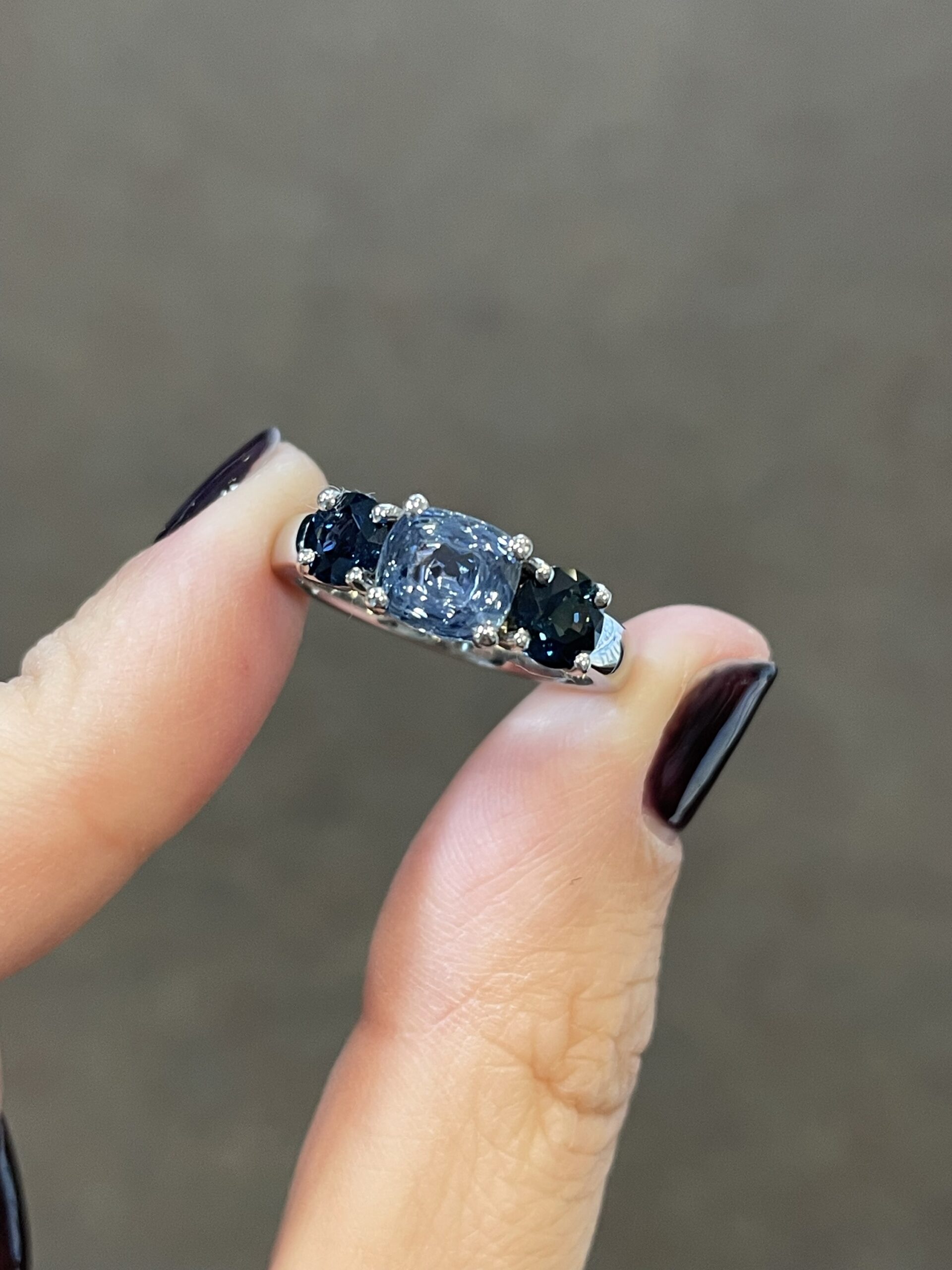 14k White Gold Genuine Gray Blue & Blue Sapphire 3 Stone Ring