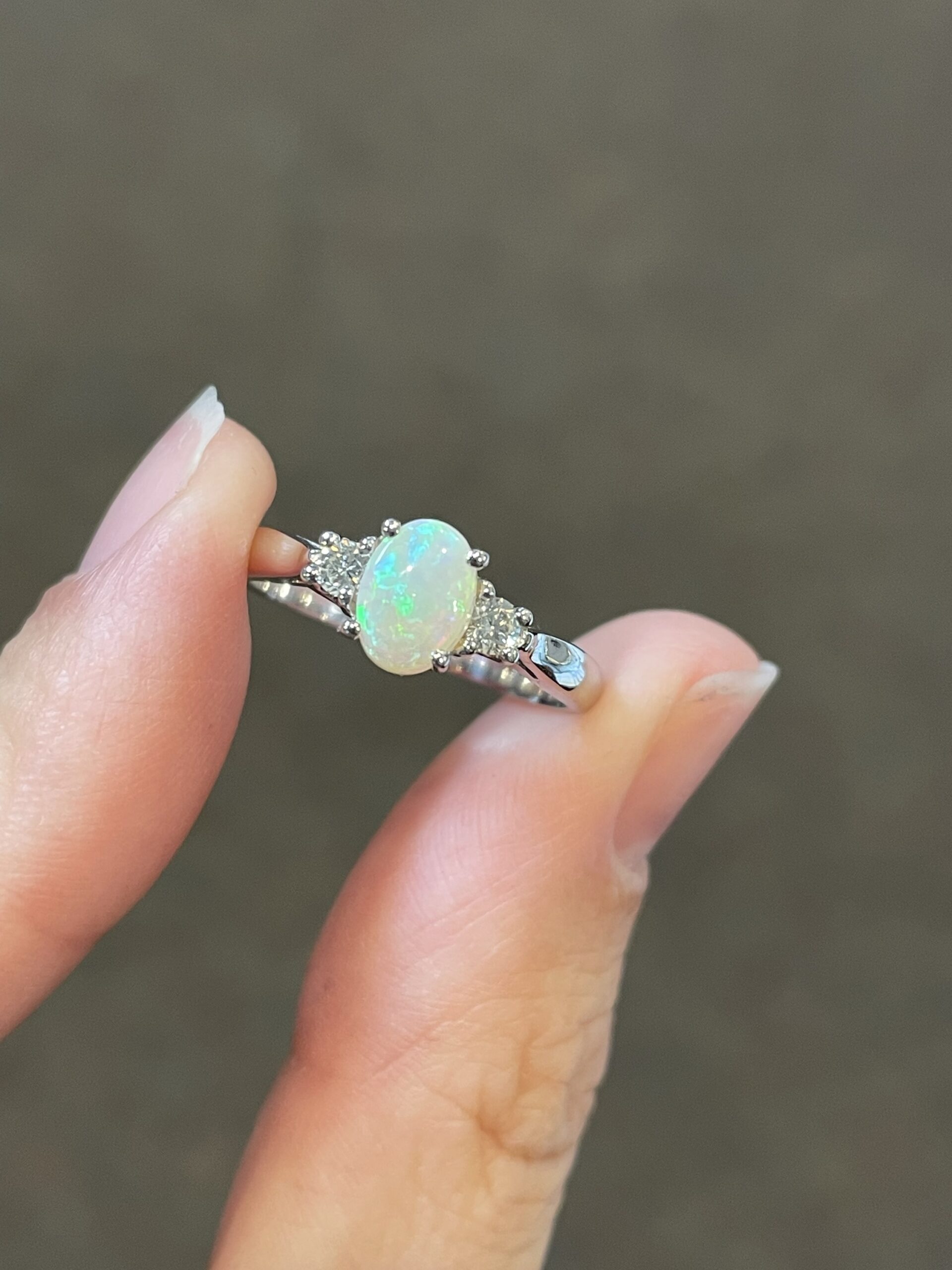 14k White Gold Genuine .49 Cttw Opal & Diamond 3 Stone Ring